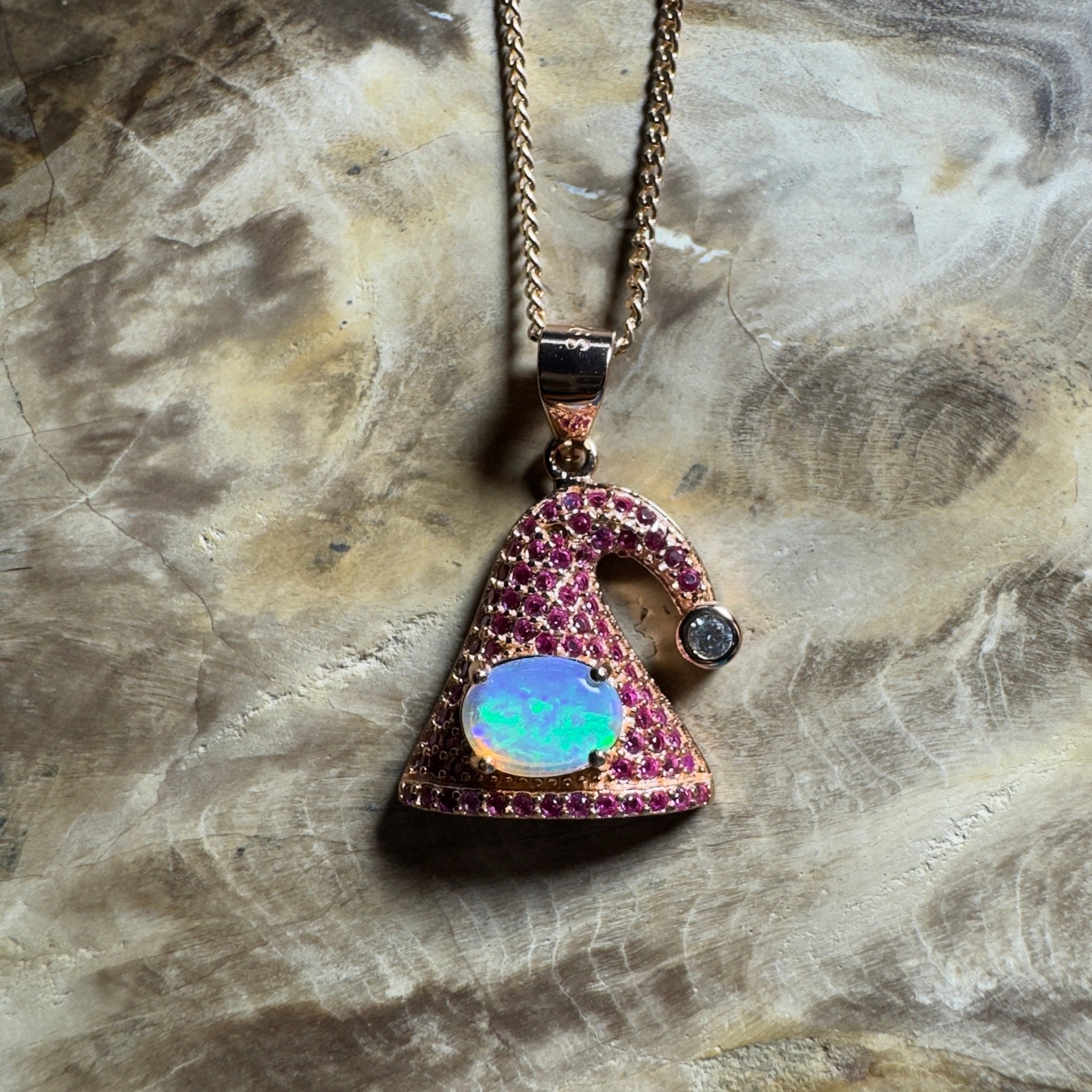 The Hyams Hat ~ 0.7ct Lightning Ridge Opal 925 Silver Rose Gold Coated Pendant