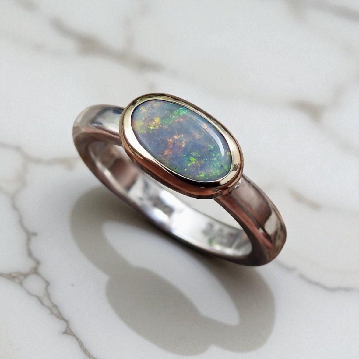 The Outback Blaze ~ 0.7ct Solid Lightning Ridge Black Opal Two - Tone 9ct Gold and 925 Silver Ring