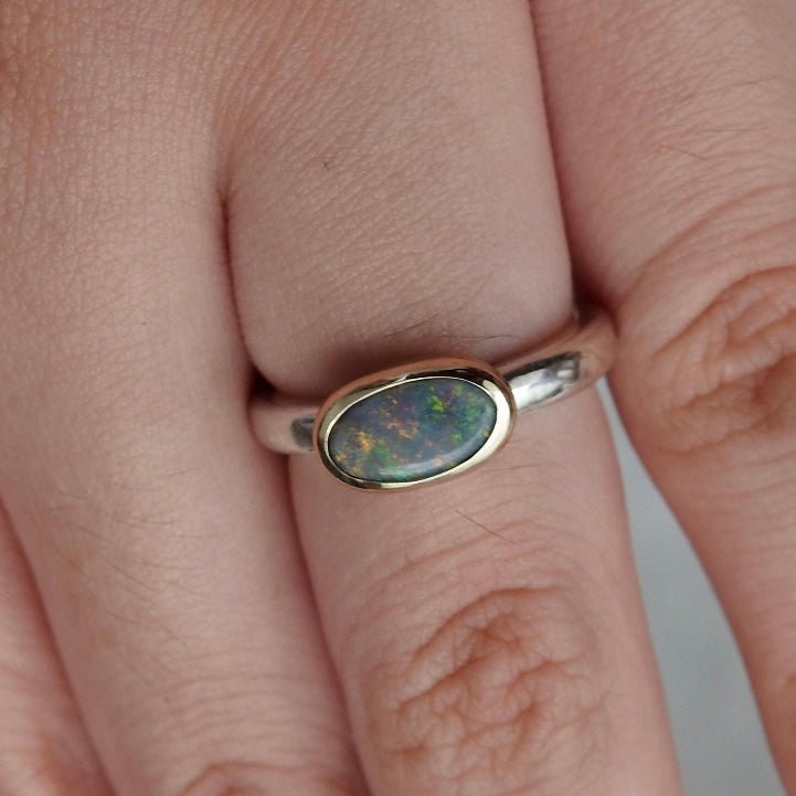 The Outback Blaze ~ 0.7ct Solid Lightning Ridge Black Opal Two - Tone 9ct Gold and 925 Silver Ring