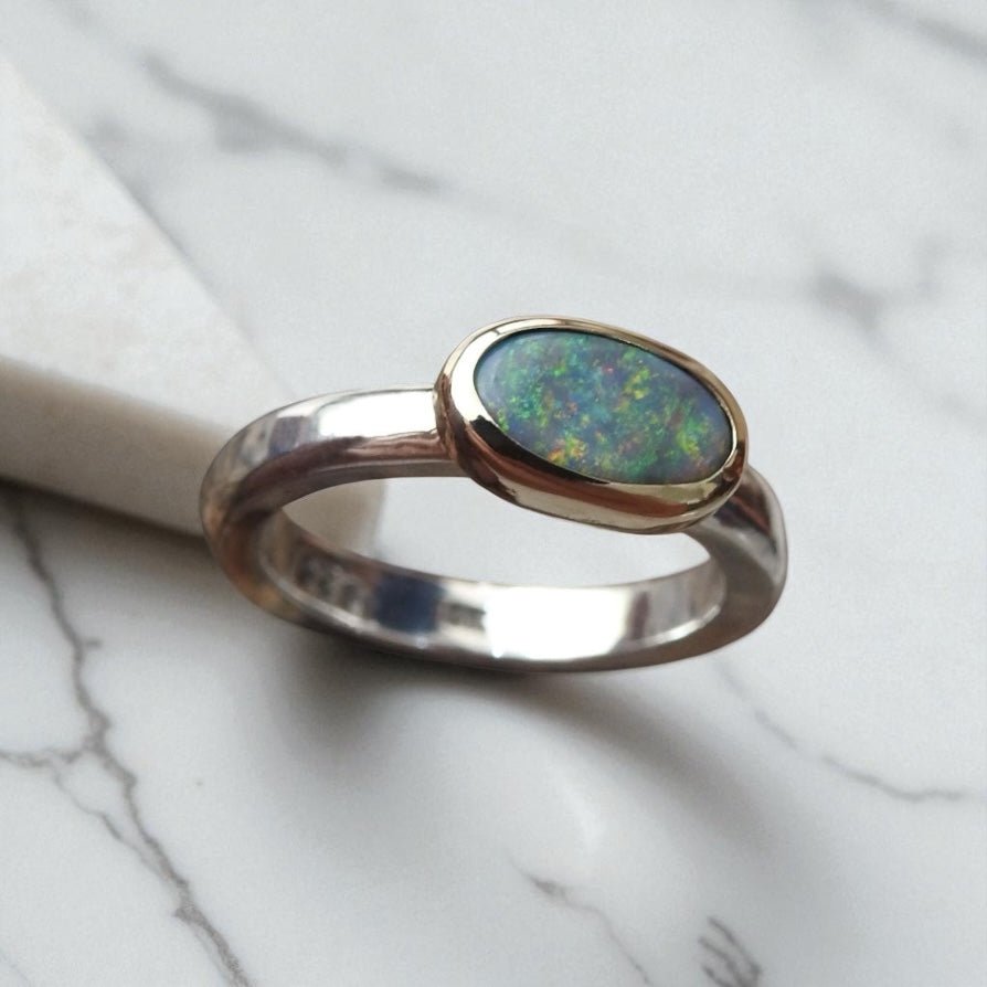 The Outback Blaze ~ 0.7ct Solid Lightning Ridge Black Opal Two - Tone 9ct Gold and 925 Silver Ring