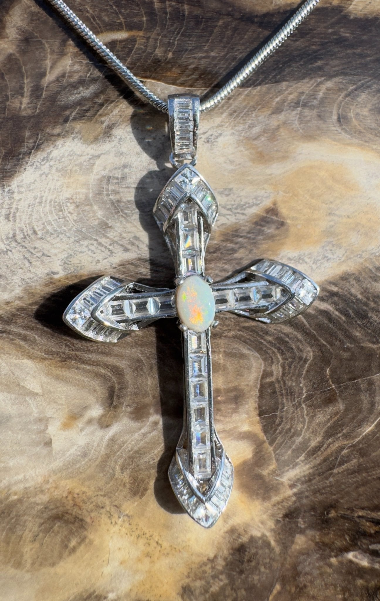 Warrumbungle Grace ~ Handcrafted 0.6ct Solid Lightning Ridge Opal and Cubic Zirconia Sterling Silver Cross Pendant (Copy)