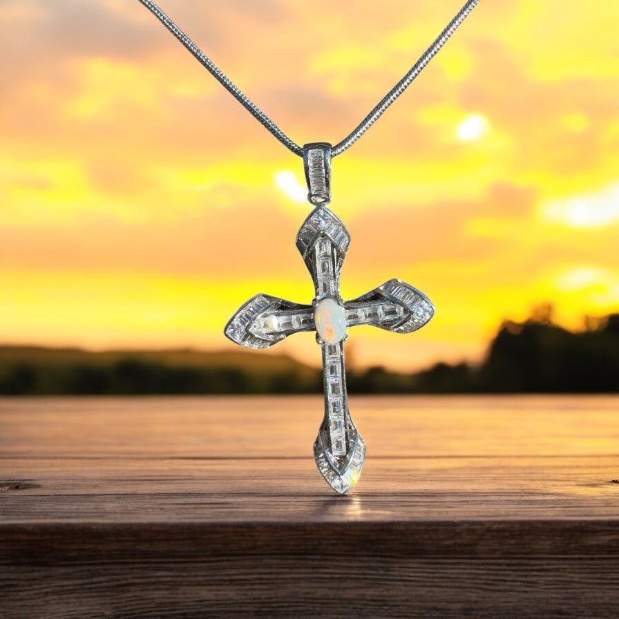 Warrumbungle Grace ~ Handcrafted 0.6ct Solid Lightning Ridge Opal and Cubic Zirconia Sterling Silver Cross Pendant (Copy)