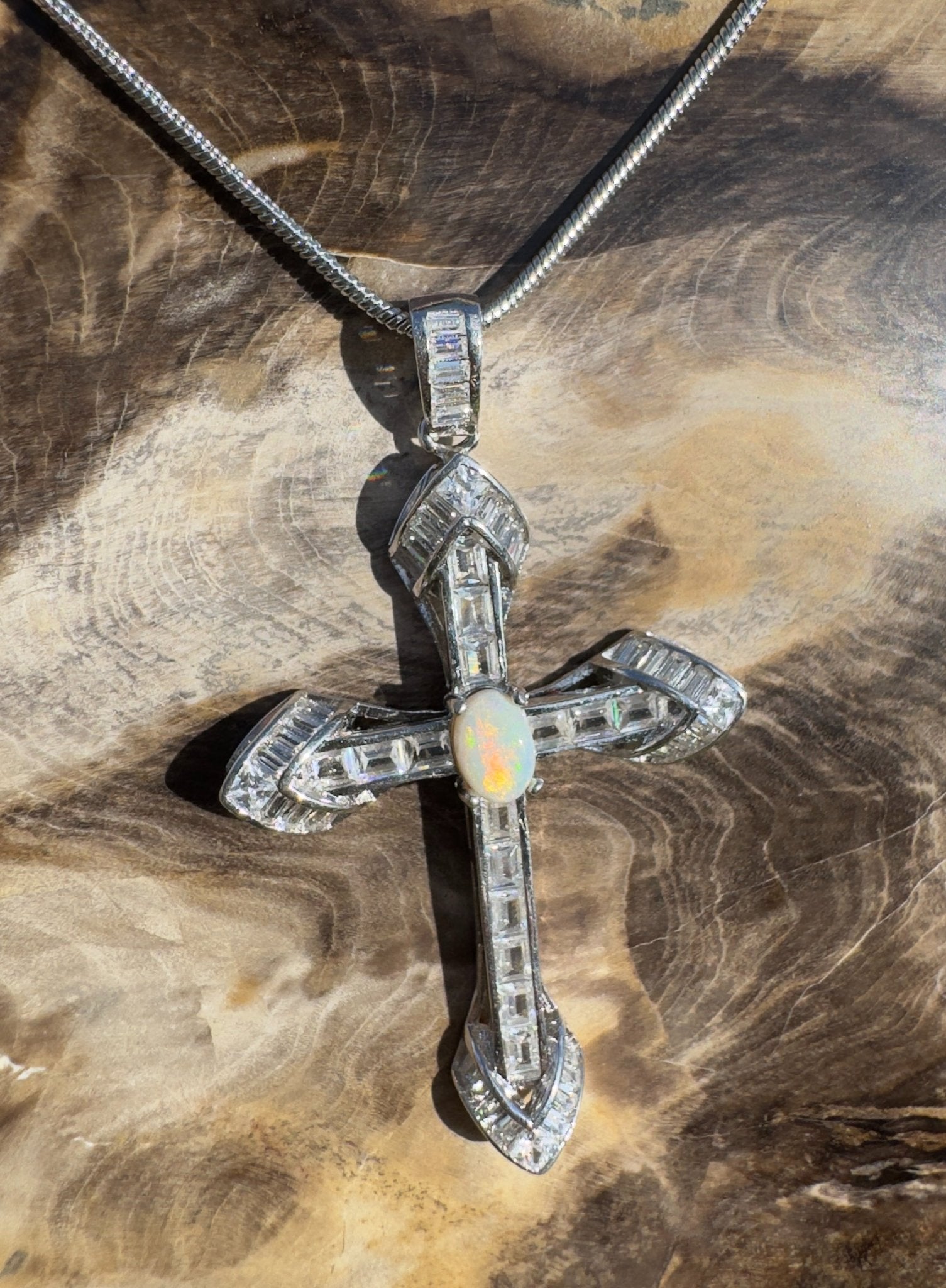 Warrumbungle Grace ~ Handcrafted 0.6ct Solid Lightning Ridge Opal and Cubic Zirconia Sterling Silver Cross Pendant (Copy)