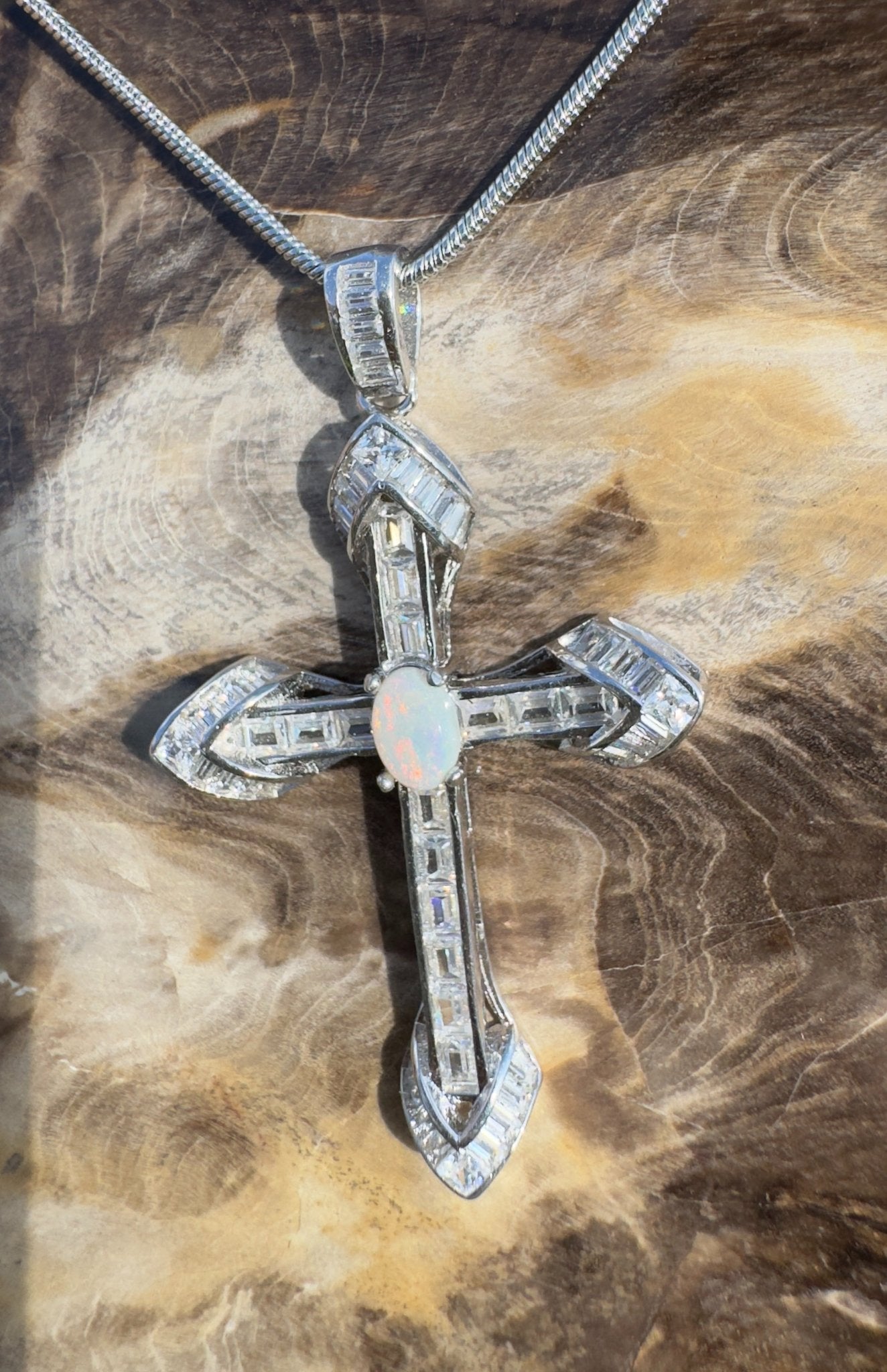 Warrumbungle Grace ~ Handcrafted 0.6ct Solid Lightning Ridge Opal and Cubic Zirconia Sterling Silver Cross Pendant (Copy)