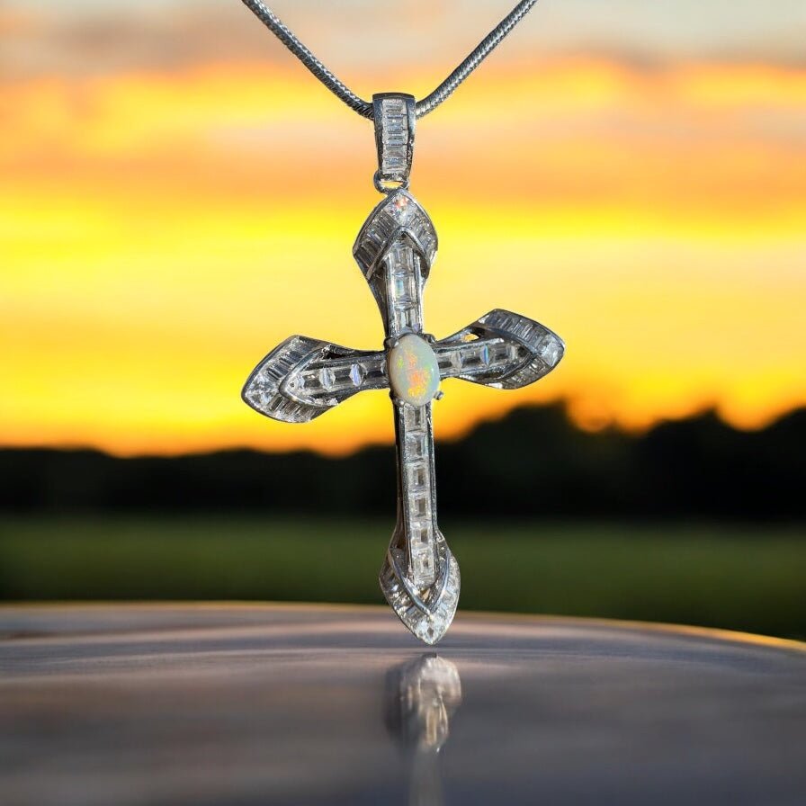 Warrumbungle Grace ~ Handcrafted 0.6ct Solid Lightning Ridge Opal and Cubic Zirconia Sterling Silver Cross Pendant (Copy)
