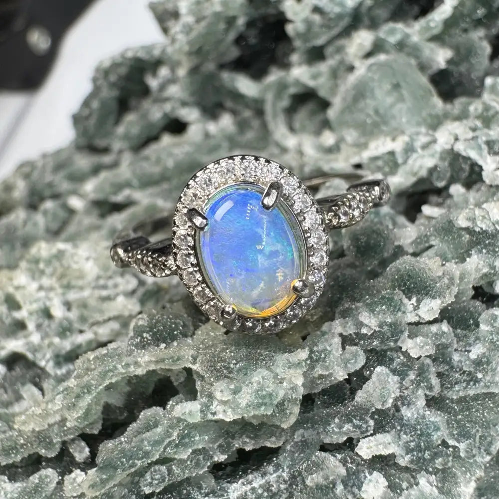 Opal ring with diamond halo from Wave Rock Grace handcrafted sterling silver size N