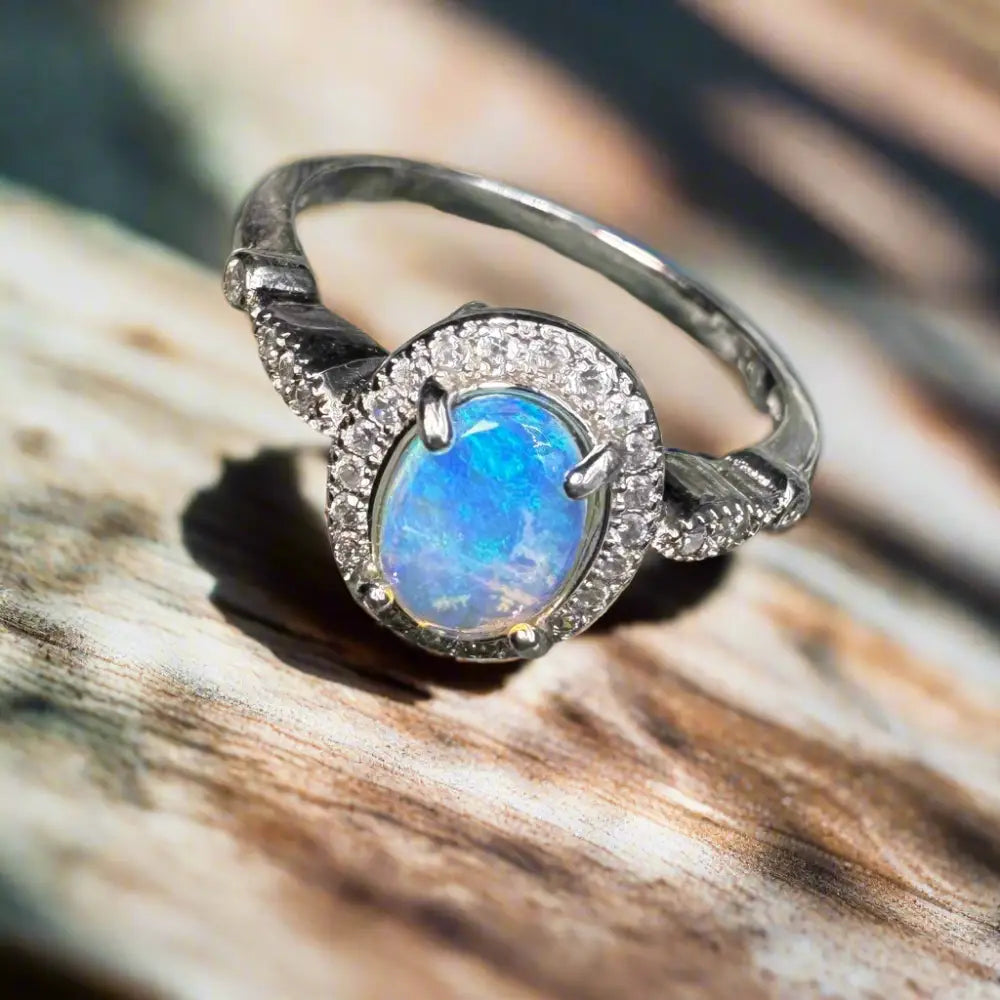 Silver ring with Lightning Ridge opal and diamond halo, handcrafted 925 Sterling Silver