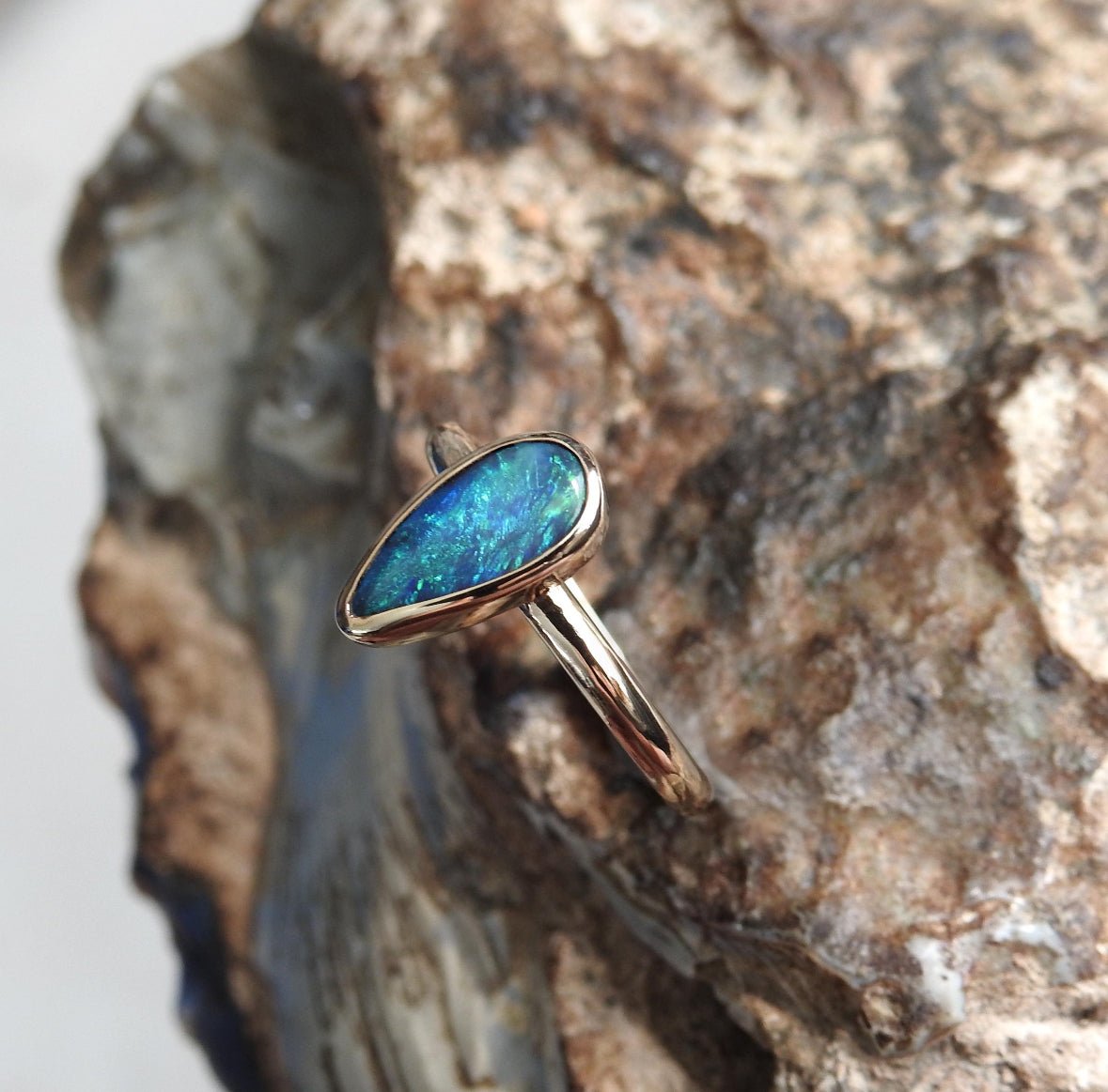 Whale Bay Watching ~ 0.7ct Solid Lightning Ridge Black Opal 9ct Solid Yellow Gold Ring