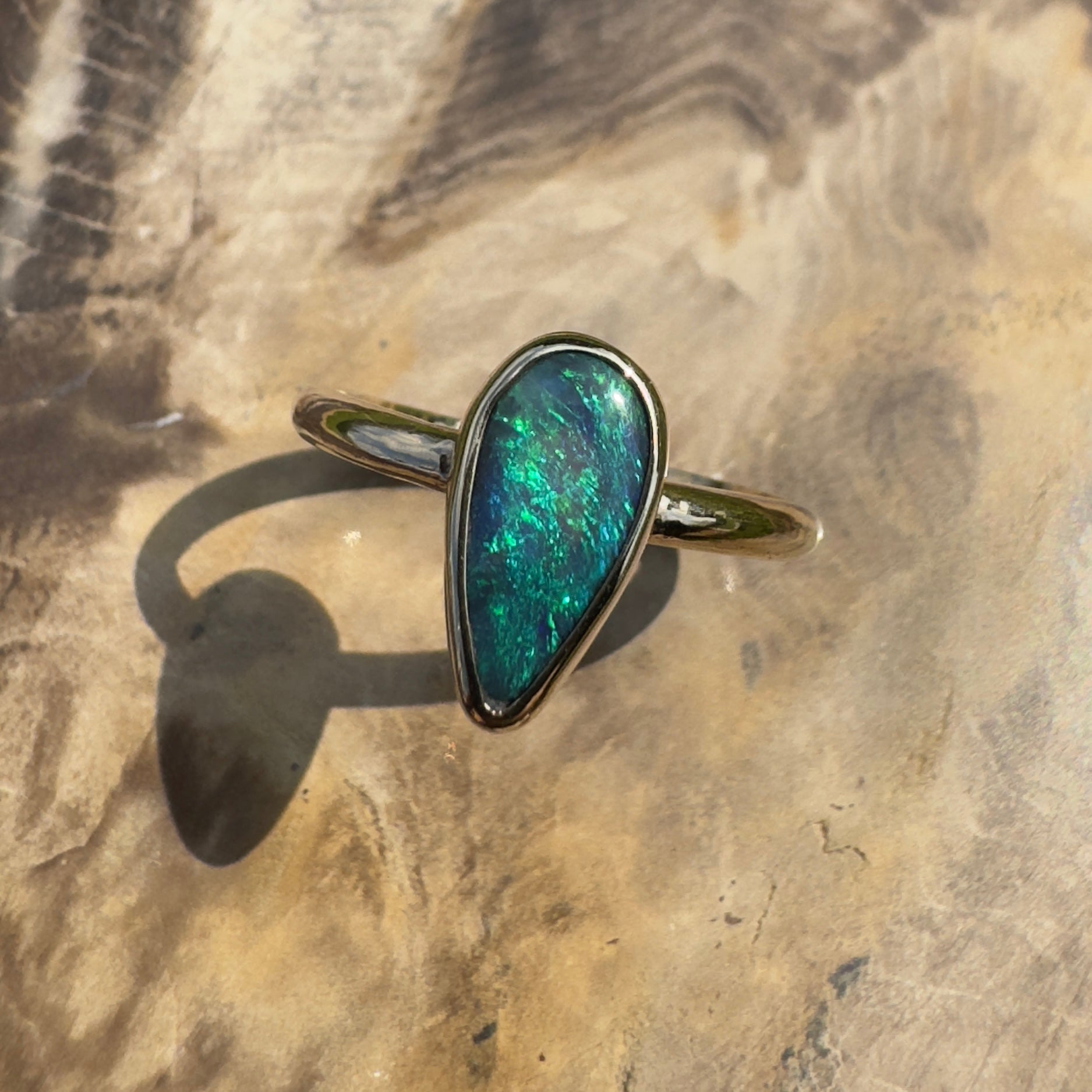 Whale Bay Watching ~ 0.7ct Solid Lightning Ridge Black Opal 9ct Solid Yellow Gold Ring