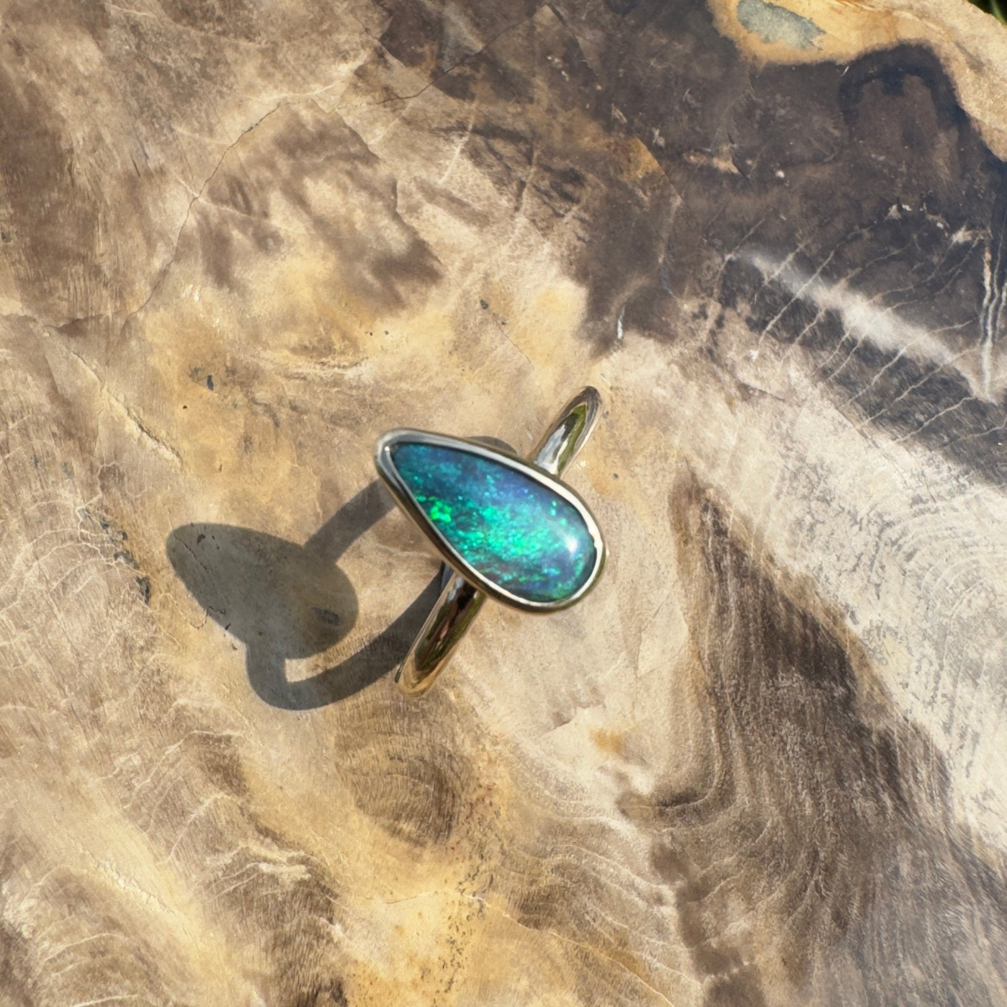 Whale Bay Watching ~ 0.7ct Solid Lightning Ridge Black Opal 9ct Solid Yellow Gold Ring