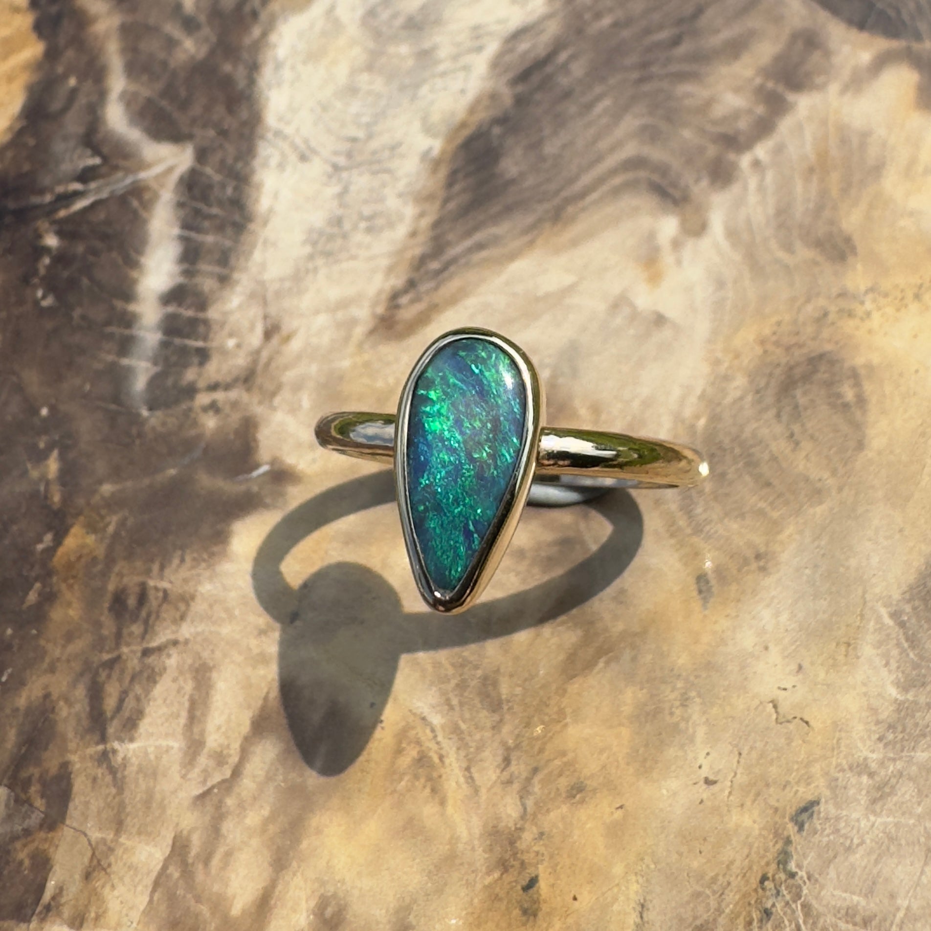 Whale Bay Watching ~ 0.7ct Solid Lightning Ridge Black Opal 9ct Solid Yellow Gold Ring