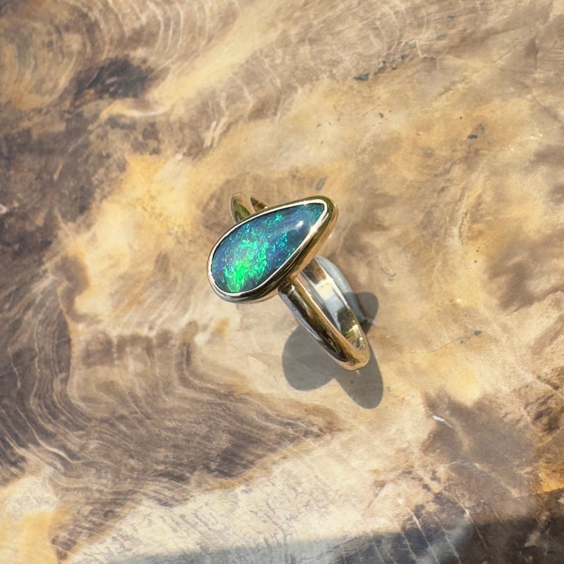 Whale Bay Watching ~ 0.7ct Solid Lightning Ridge Black Opal 9ct Solid Yellow Gold Ring