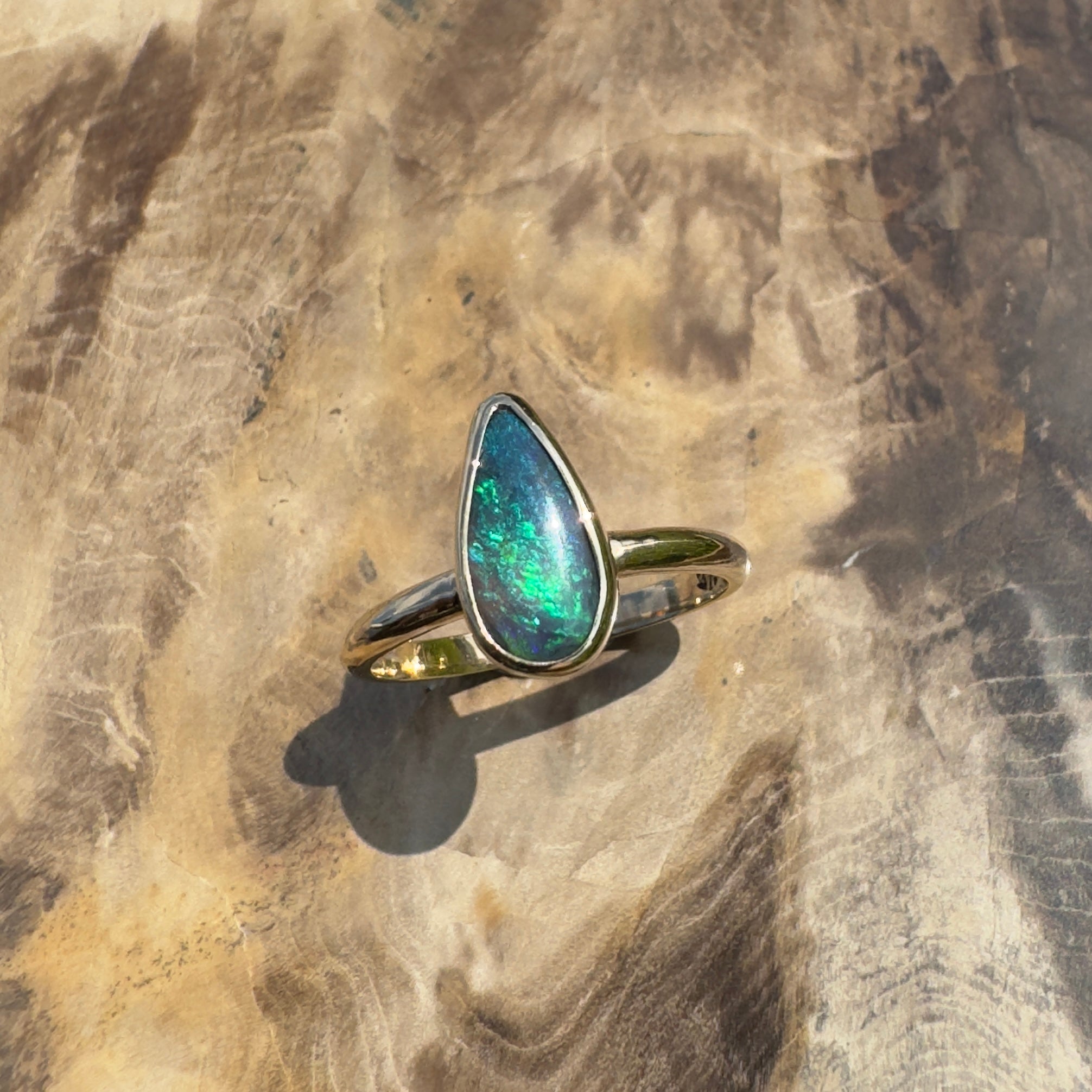 Whale Bay Watching ~ 0.7ct Solid Lightning Ridge Black Opal 9ct Solid Yellow Gold Ring