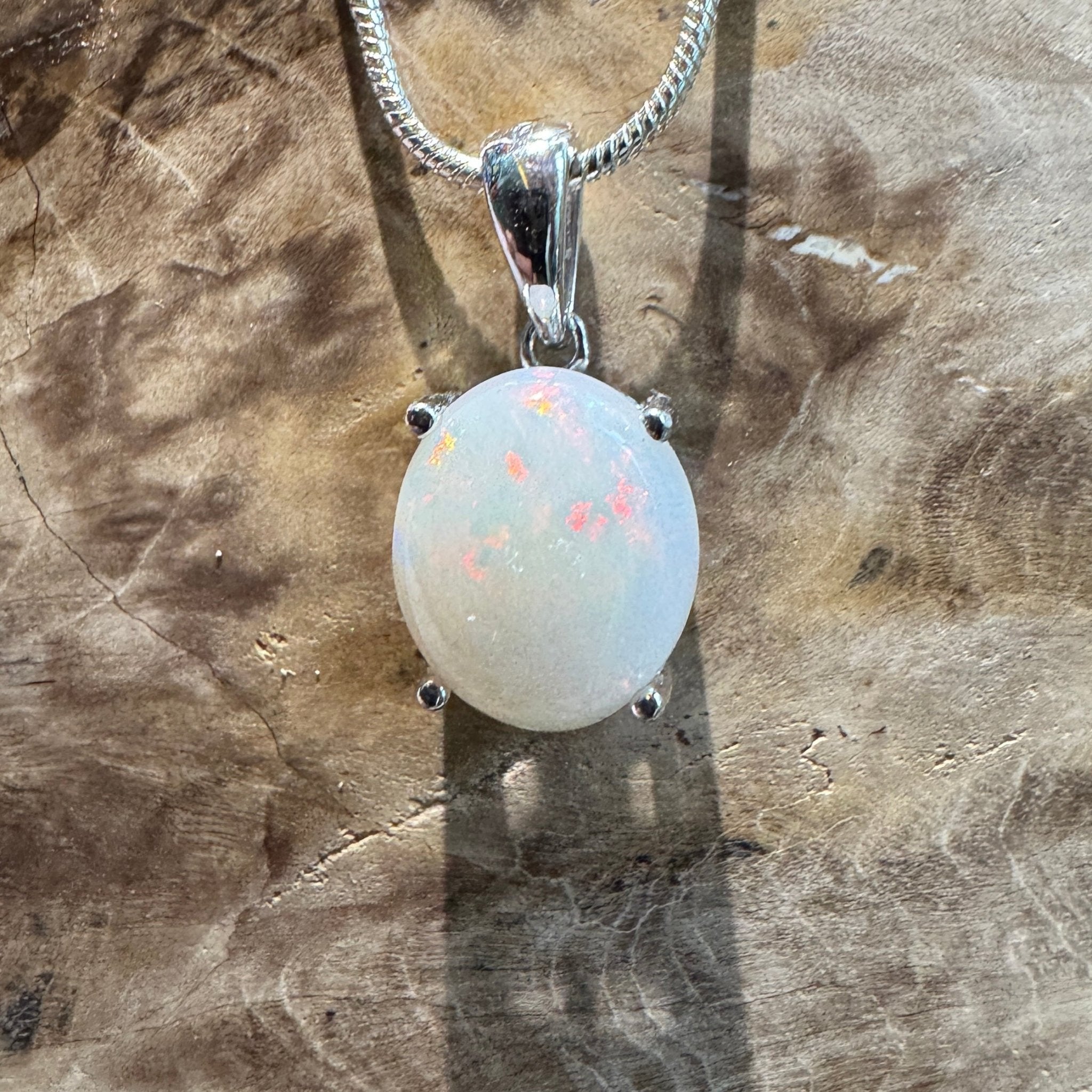 White Dune Flame ~ 2.1ct Solid Coober Pedy Opal 925 Sterling Silver Pendant Necklace