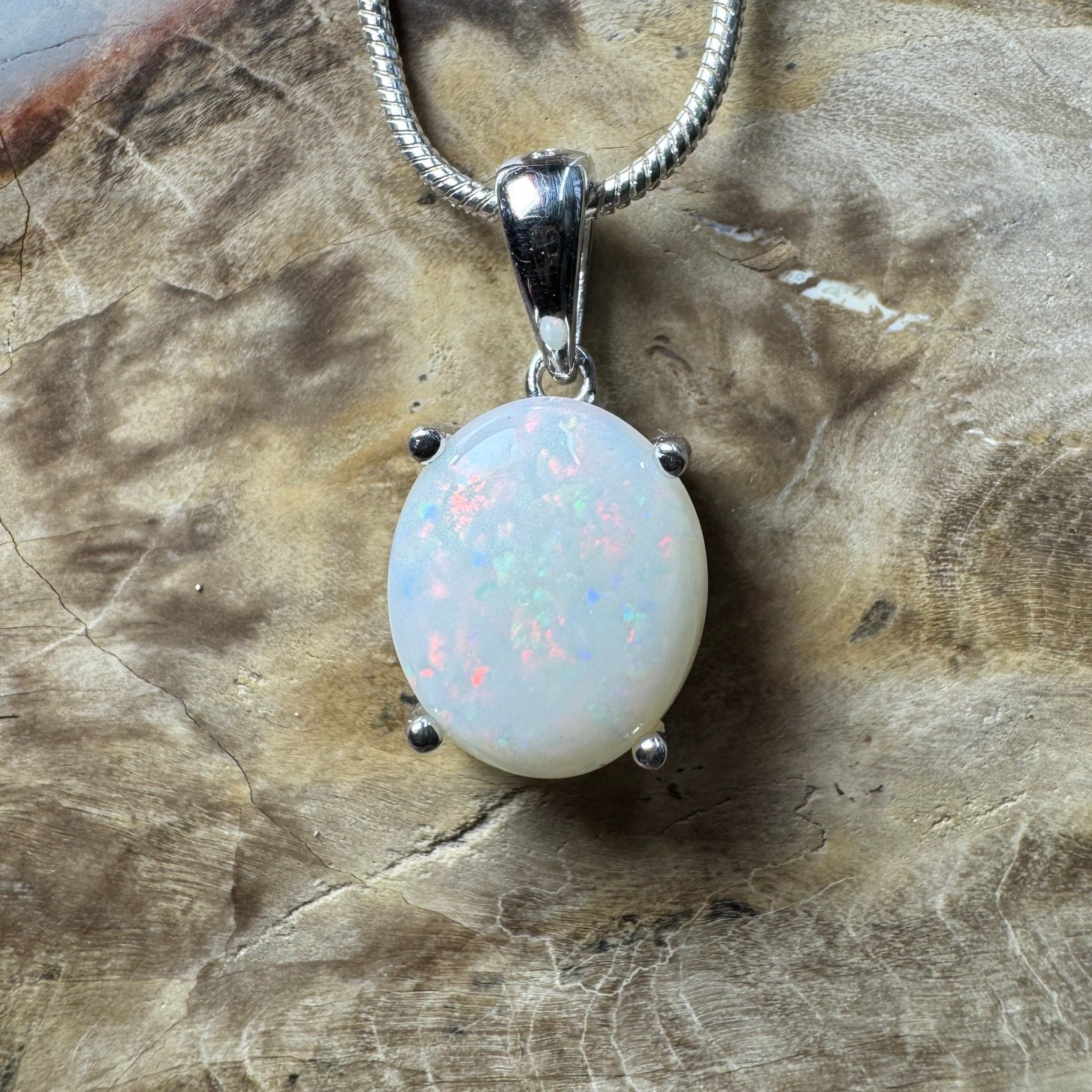 White Dune Flame ~ 2.1ct Solid Coober Pedy Opal 925 Sterling Silver Pendant Necklace