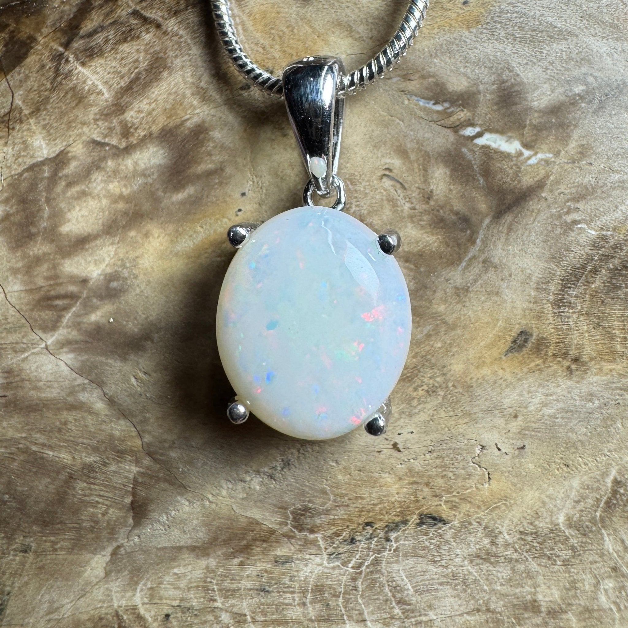 White Dune Flame ~ 2.1ct Solid Coober Pedy Opal 925 Sterling Silver Pendant Necklace