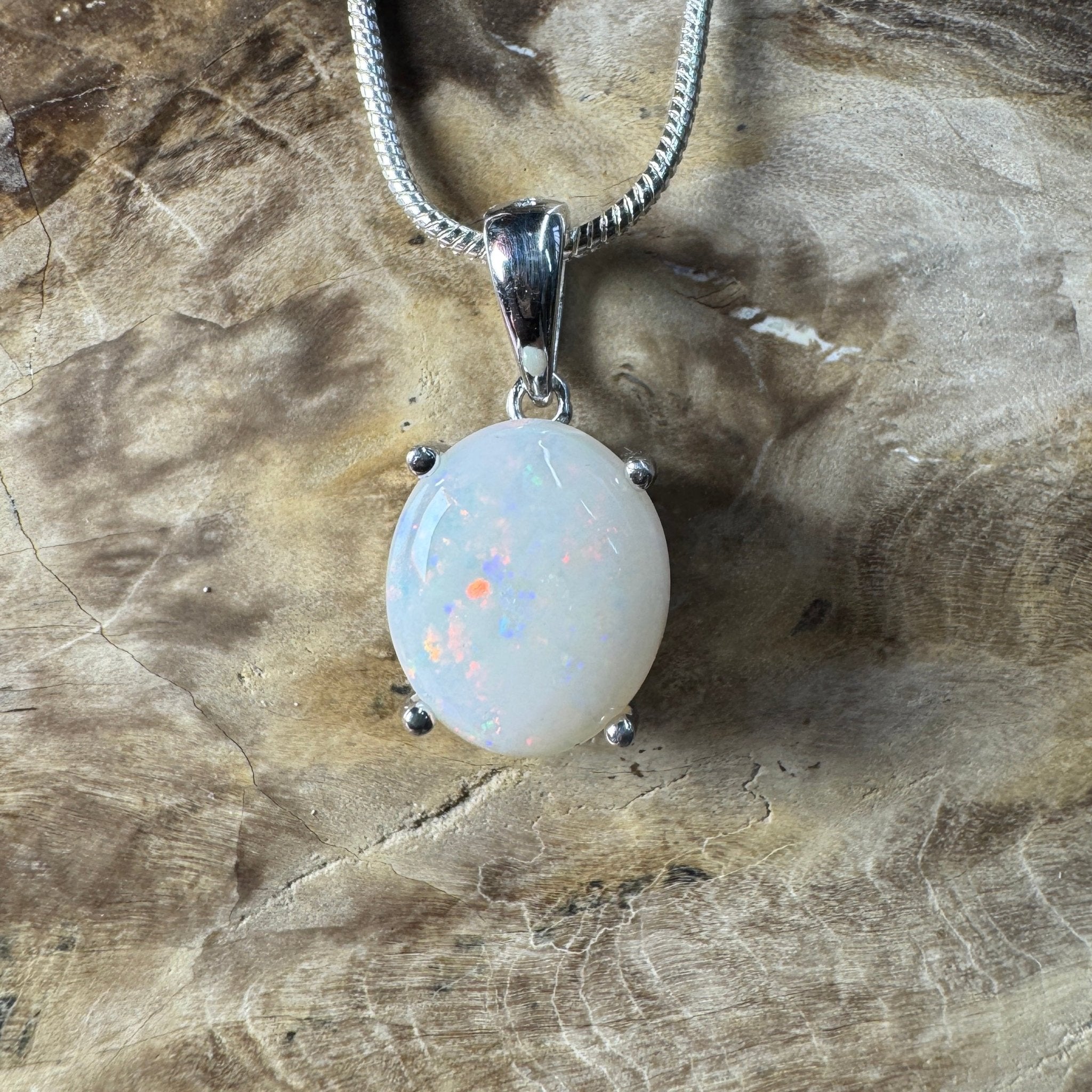 White Dune Flame ~ 2.1ct Solid Coober Pedy Opal 925 Sterling Silver Pendant Necklace
