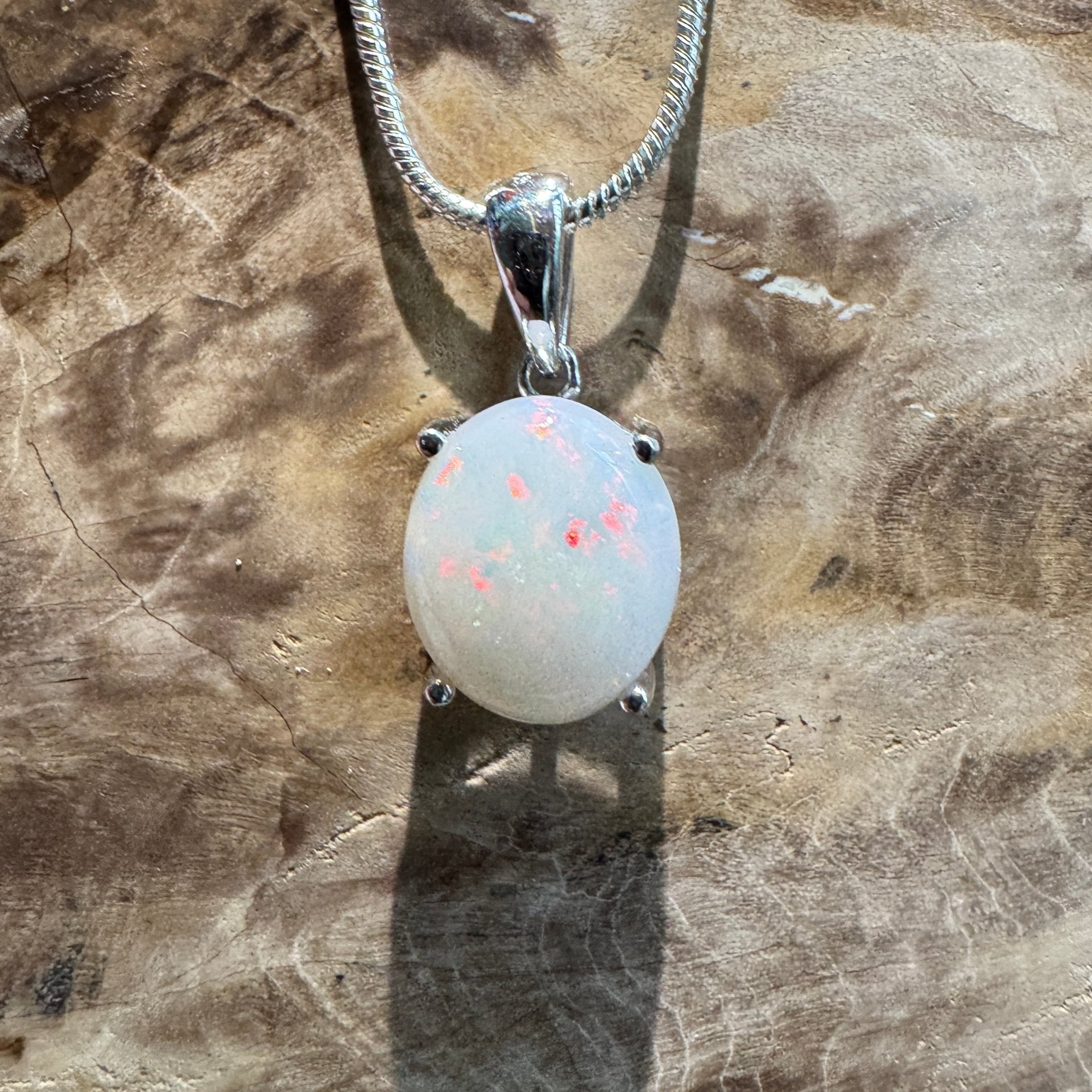 White Dune Flame ~ 2.1ct Solid Coober Pedy Opal 925 Sterling Silver Pendant Necklace