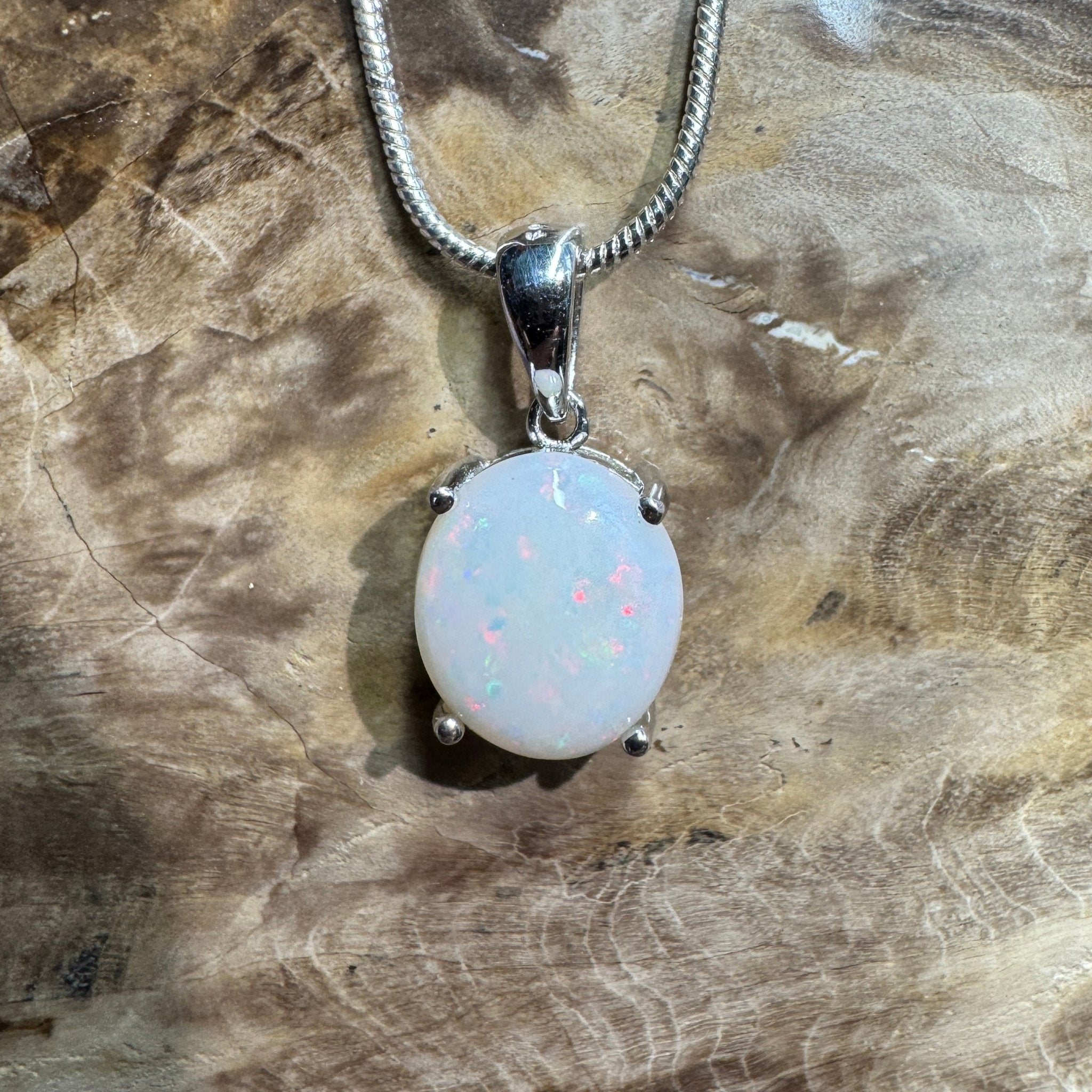 White Dune Flame ~ 2.1ct Solid Coober Pedy Opal 925 Sterling Silver Pendant Necklace