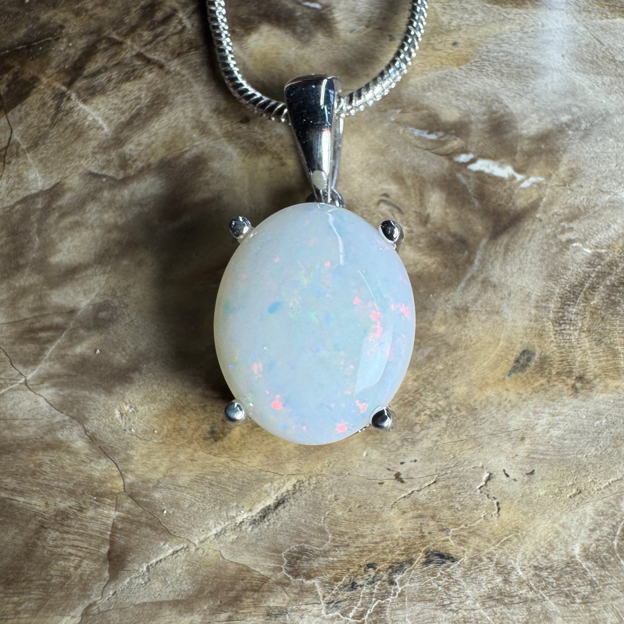 White Dune Flame ~ 2.1ct Solid Coober Pedy Opal 925 Sterling Silver Pendant Necklace