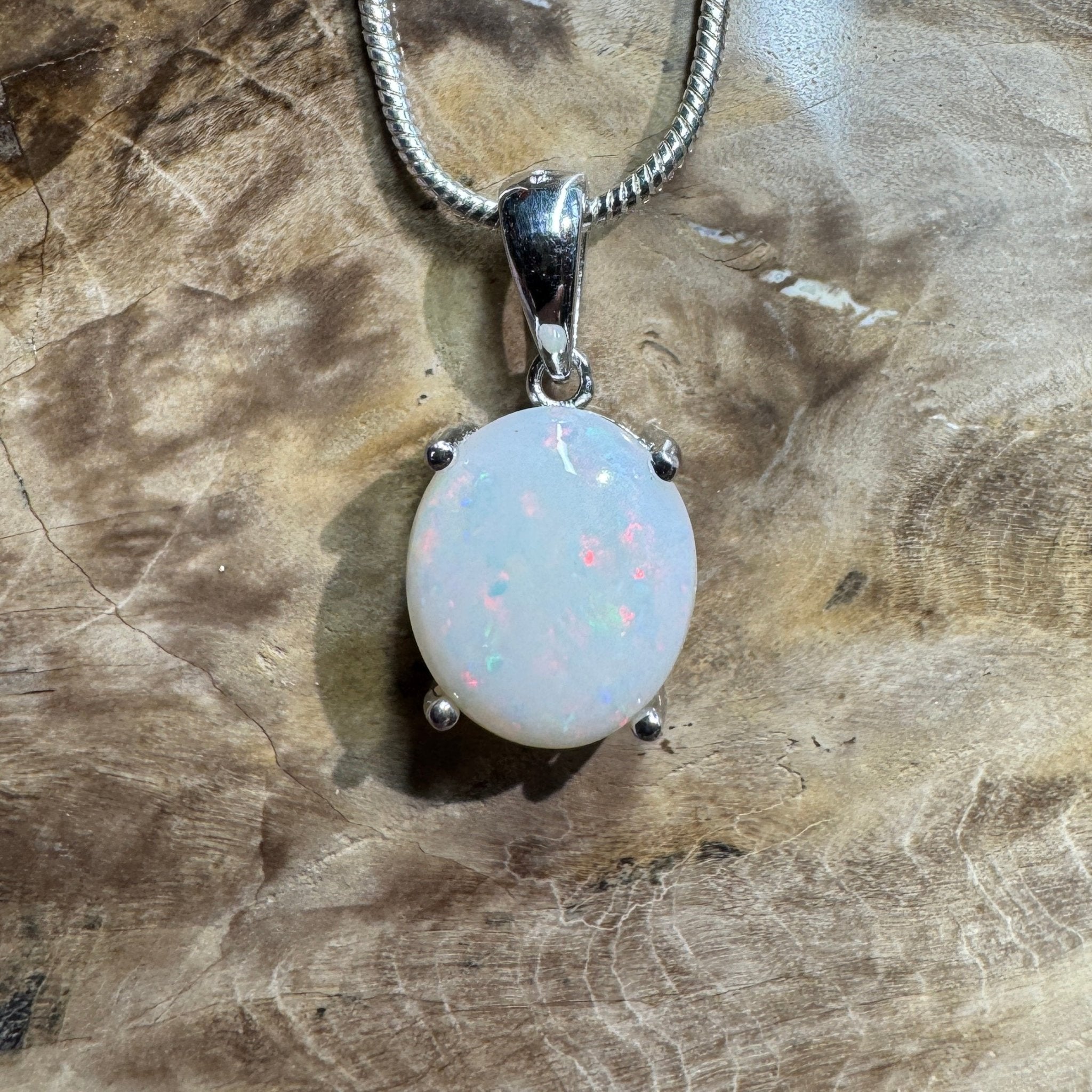 White Dune Flame ~ 2.1ct Solid Coober Pedy Opal 925 Sterling Silver Pendant Necklace