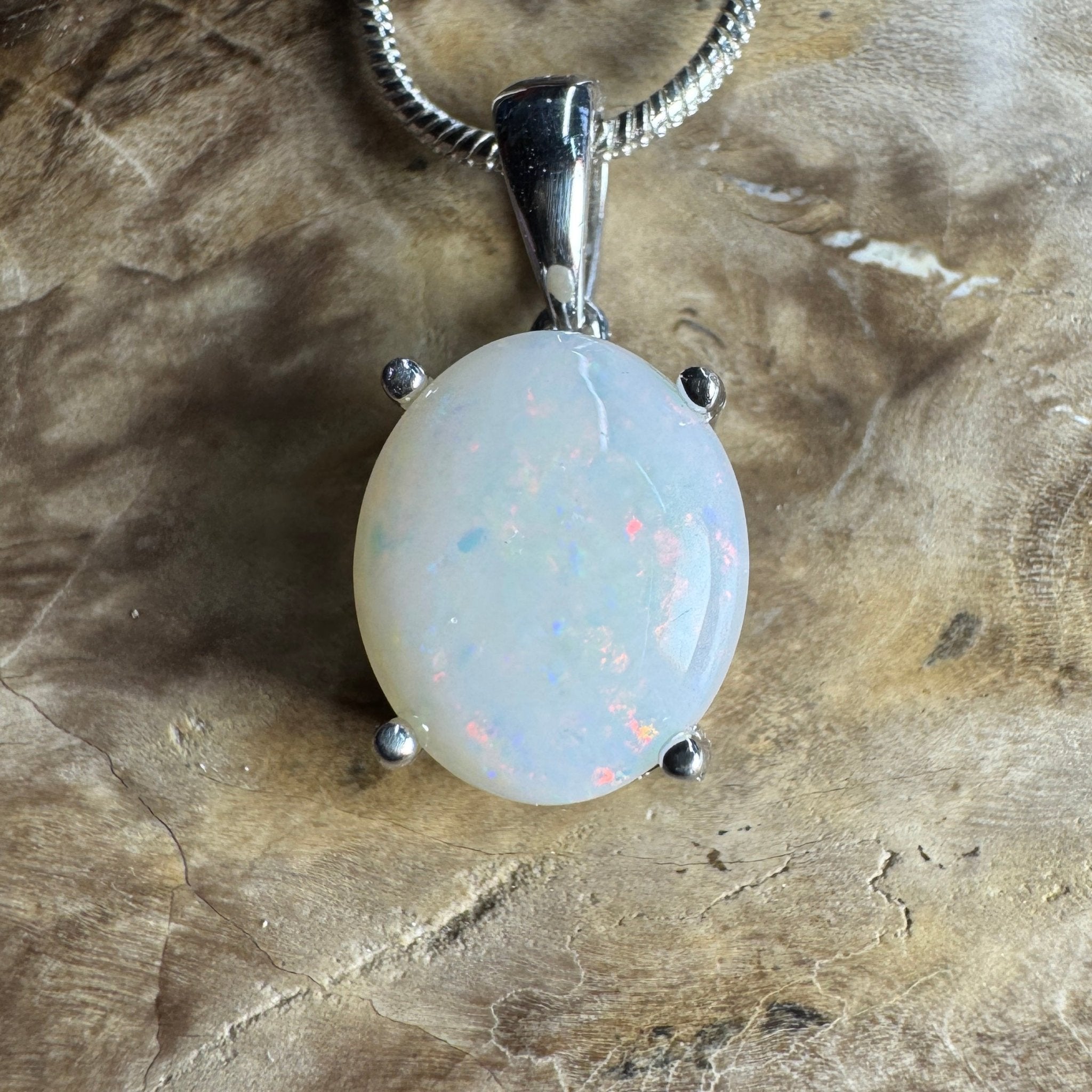 White Dune Flame ~ 2.1ct Solid Coober Pedy Opal 925 Sterling Silver Pendant Necklace