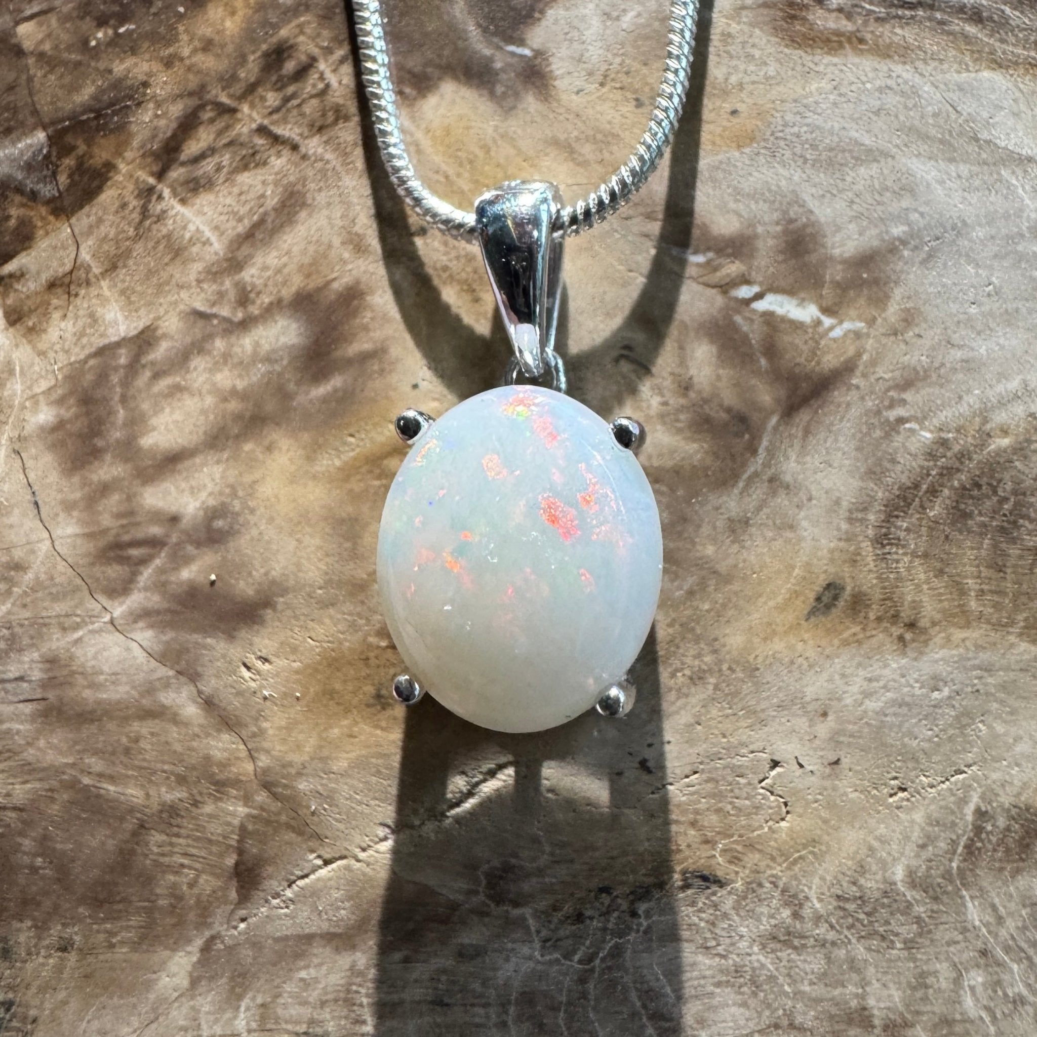White Dune Flame ~ 2.1ct Solid Coober Pedy Opal 925 Sterling Silver Pendant Necklace
