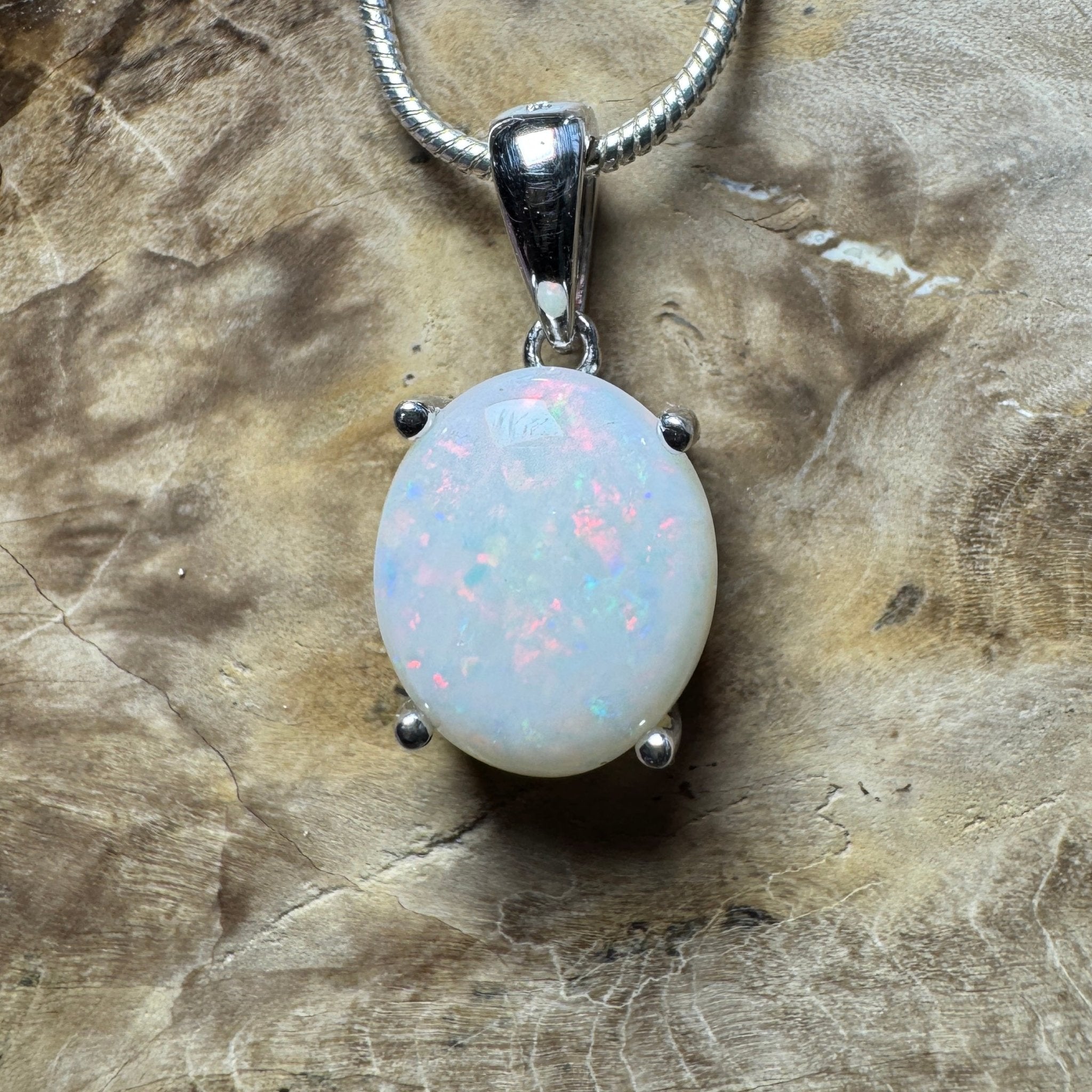 White Dune Flame ~ 2.1ct Solid Coober Pedy Opal 925 Sterling Silver Pendant Necklace
