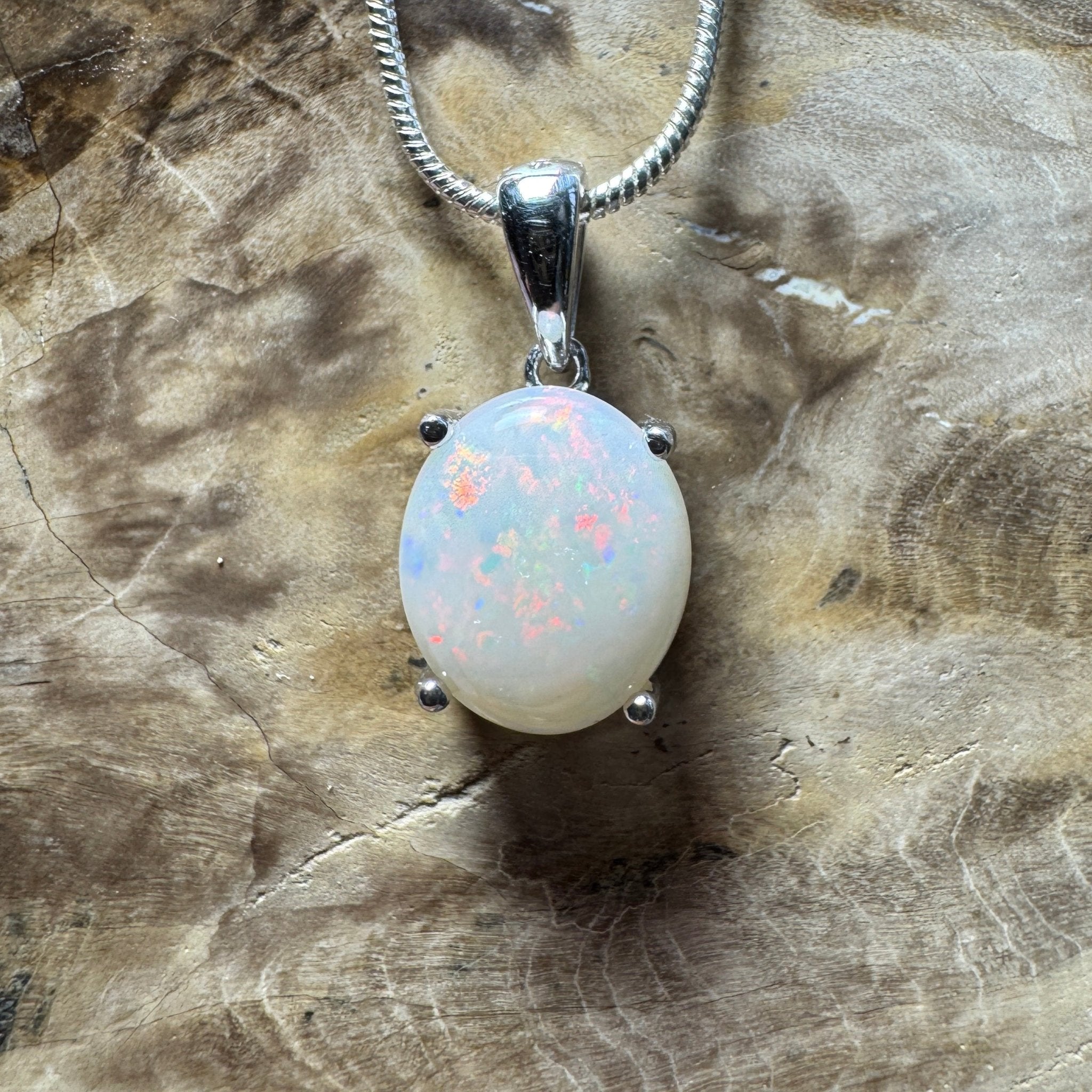 White Dune Flame ~ 2.1ct Solid Coober Pedy Opal 925 Sterling Silver Pendant Necklace