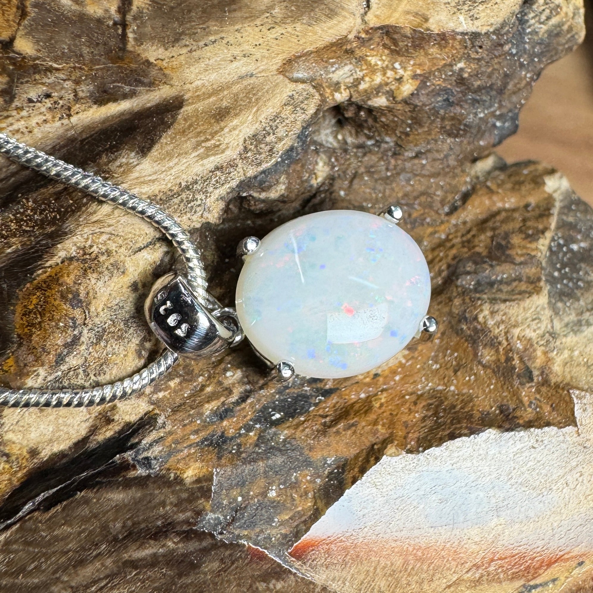 White Dune Flame ~ 2.1ct Solid Coober Pedy Opal 925 Sterling Silver Pendant Necklace