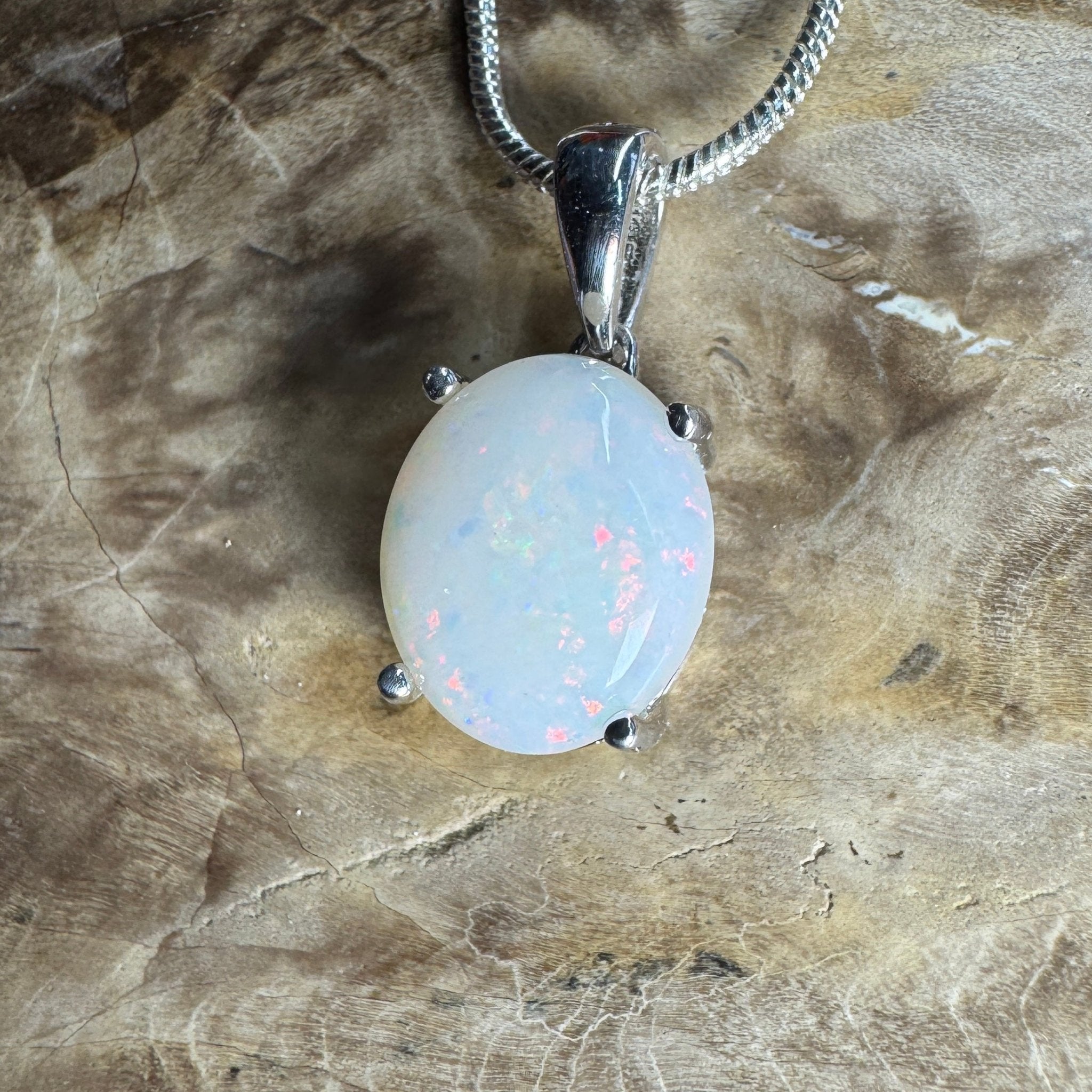 White Dune Flame ~ 2.1ct Solid Coober Pedy Opal 925 Sterling Silver Pendant Necklace