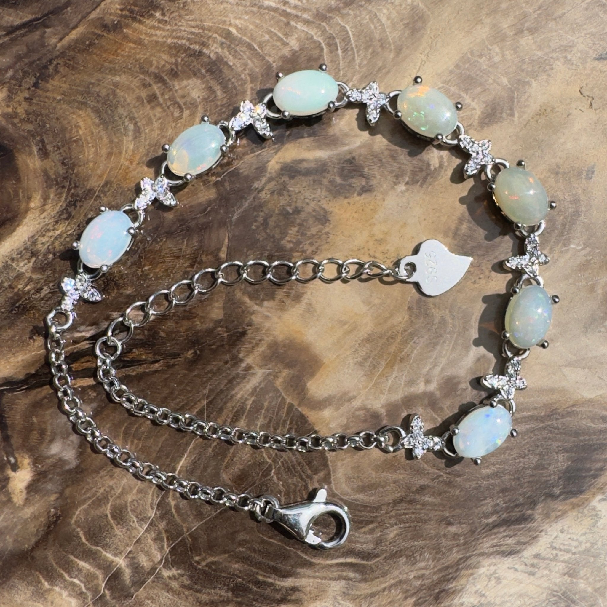 Whitehaven Whispers ~ 2.4ct Coober Pedy Opal and Cubic Zirconia 925 Sterling Silver Bracelet