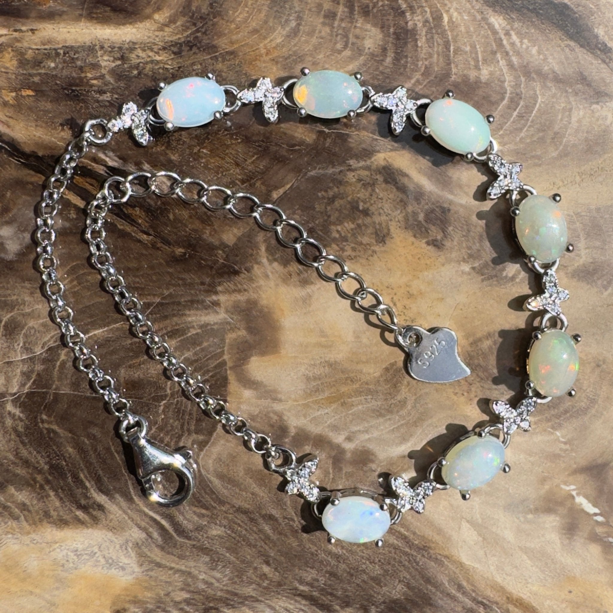 Whitehaven Whispers ~ 2.4ct Coober Pedy Opal and Cubic Zirconia 925 Sterling Silver Bracelet