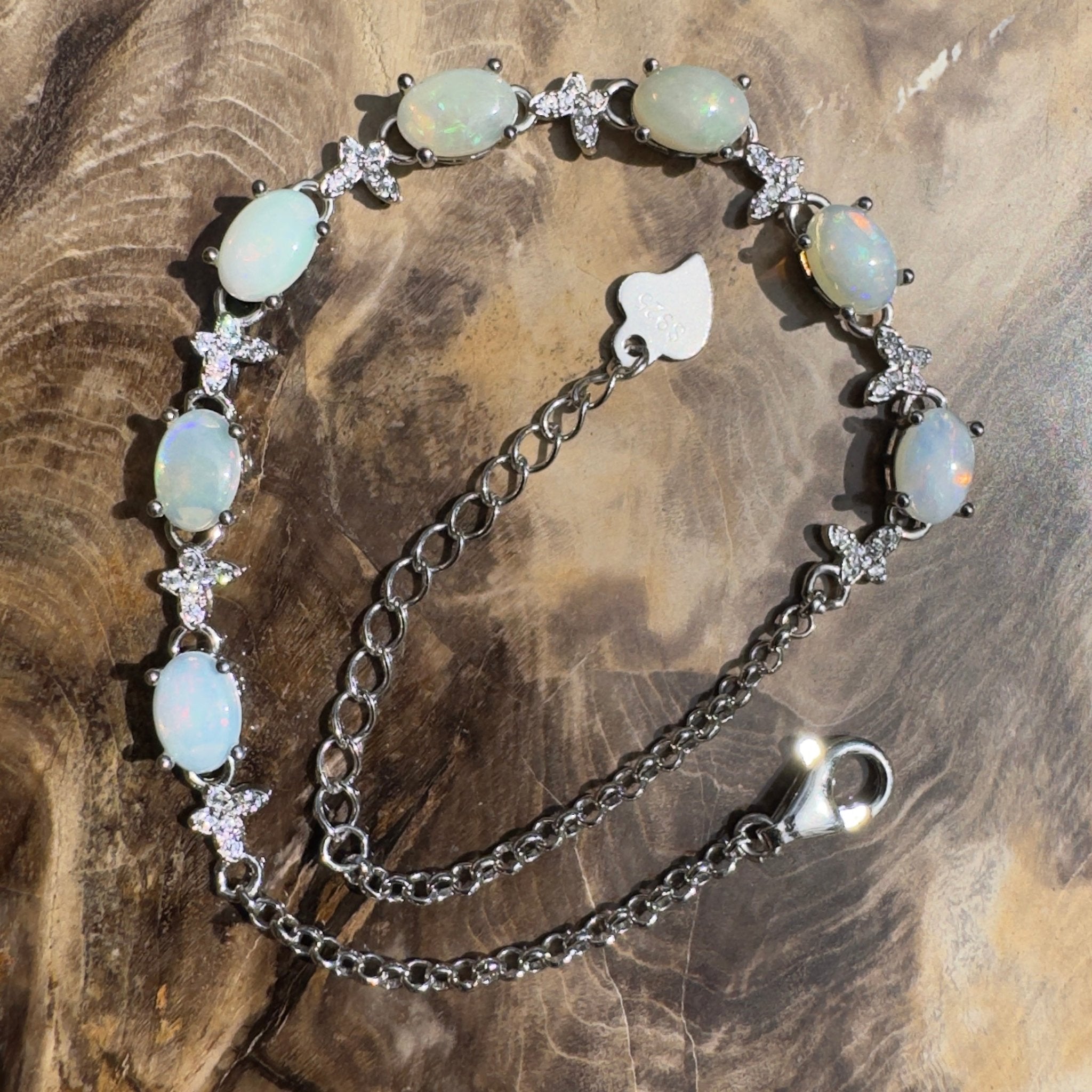 Whitehaven Whispers ~ 2.4ct Coober Pedy Opal and Cubic Zirconia 925 Sterling Silver Bracelet
