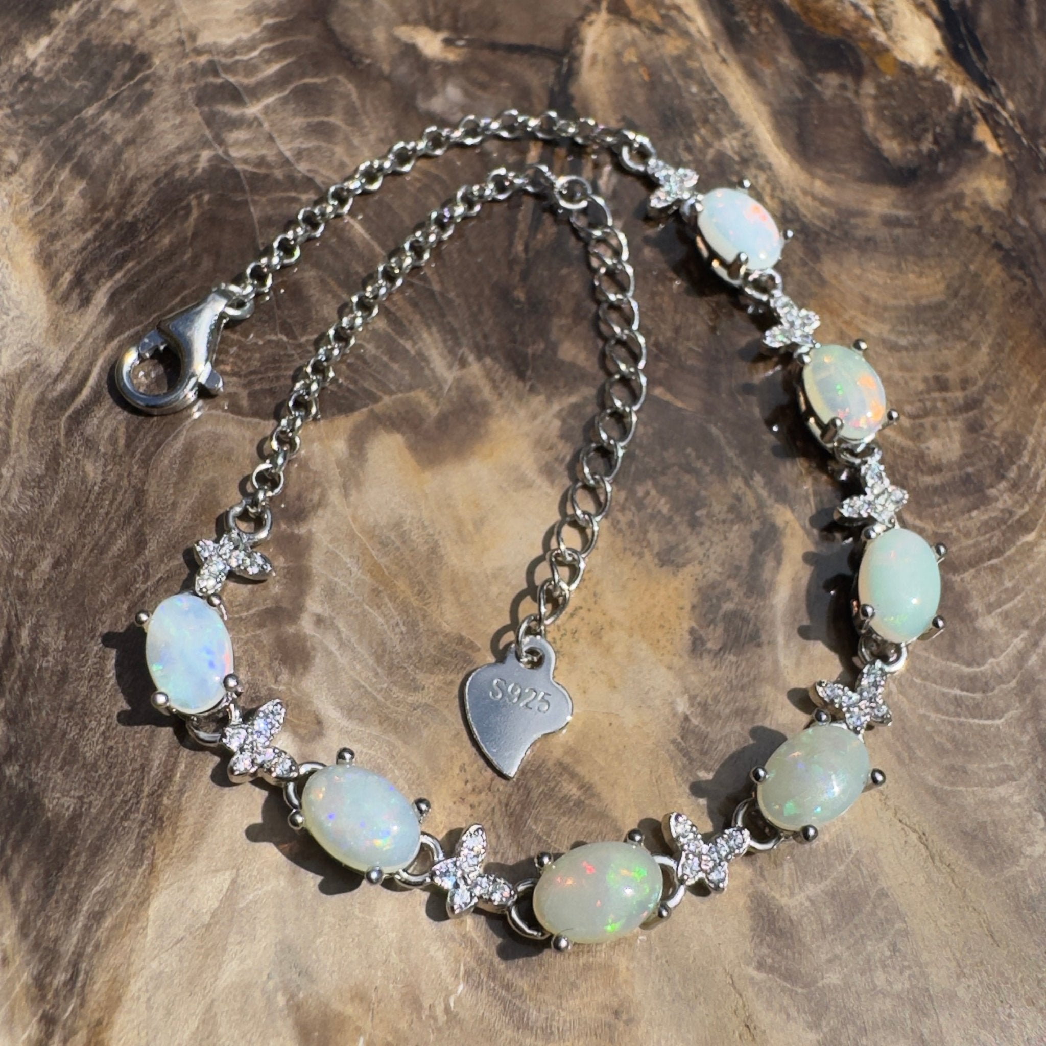 Whitehaven Whispers ~ 2.4ct Coober Pedy Opal and Cubic Zirconia 925 Sterling Silver Bracelet