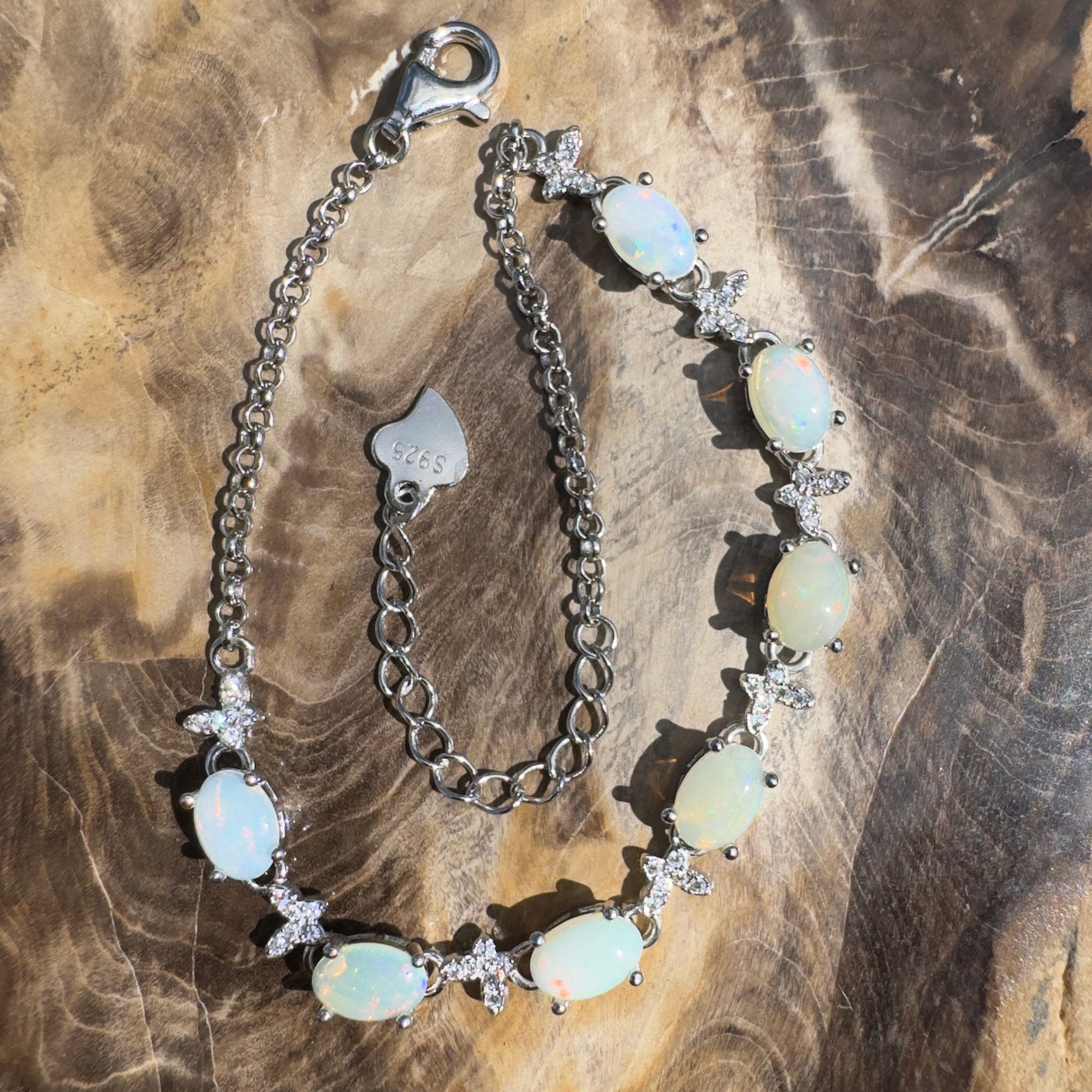 Whitehaven Whispers ~ 2.4ct Coober Pedy Opal and Cubic Zirconia 925 Sterling Silver Bracelet