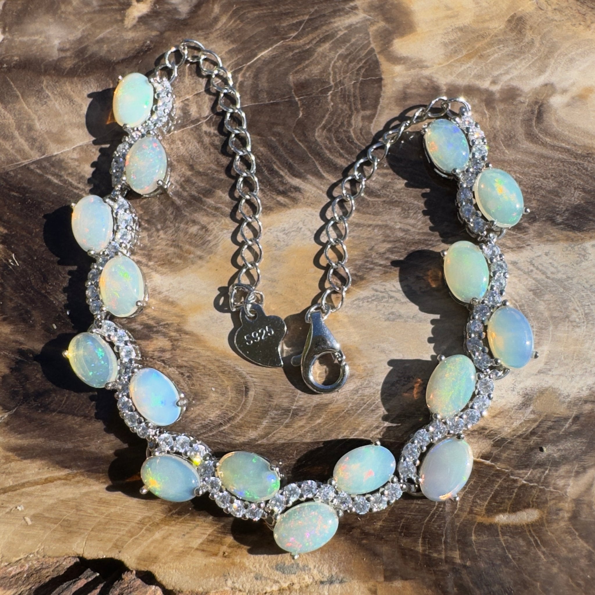 Whitsunday Light Drift ~ 4.8ct Coober Pedy Opal and Cubic Zirconia 925 Sterling Silver Bracelet