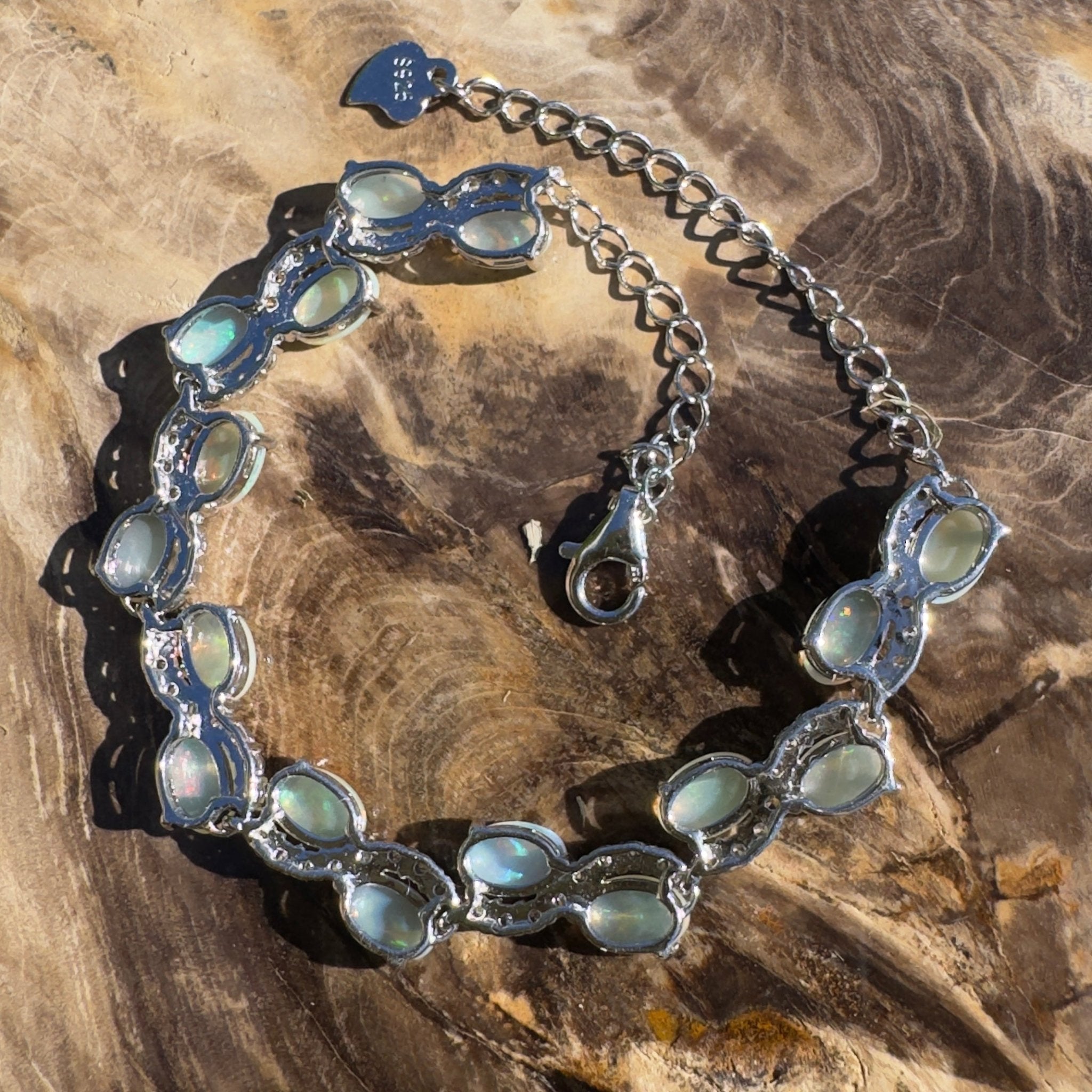 Whitsunday Light Drift ~ 4.8ct Coober Pedy Opal and Cubic Zirconia 925 Sterling Silver Bracelet