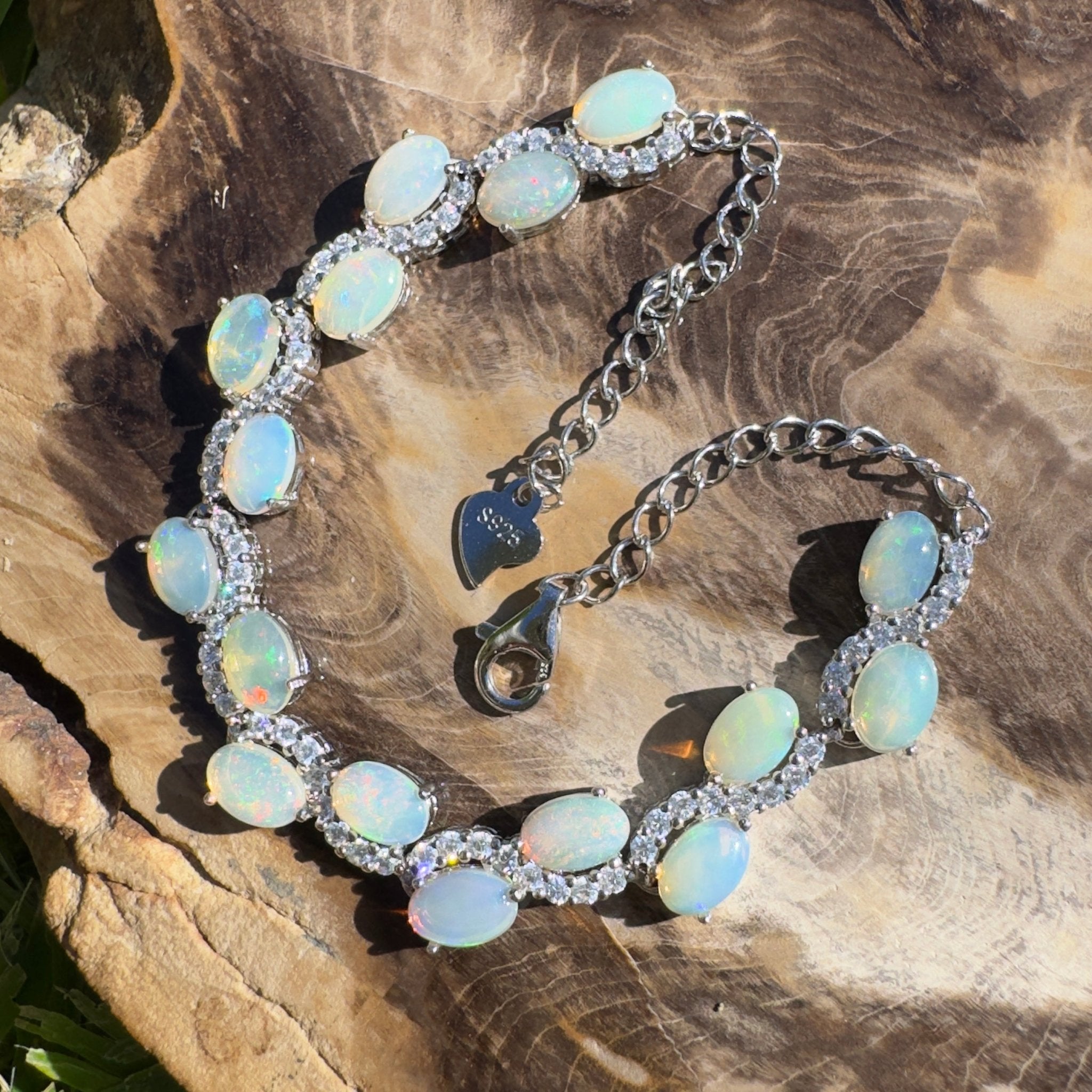 Whitsunday Light Drift ~ 4.8ct Coober Pedy Opal and Cubic Zirconia 925 Sterling Silver Bracelet