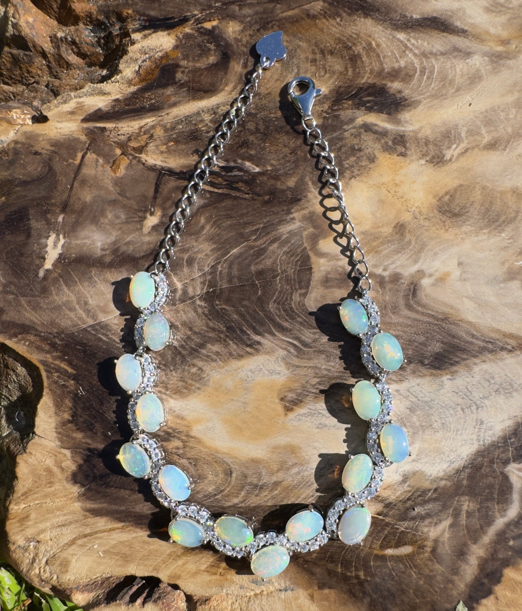 Whitsunday Light Drift ~ 4.8ct Coober Pedy Opal and Cubic Zirconia 925 Sterling Silver Bracelet