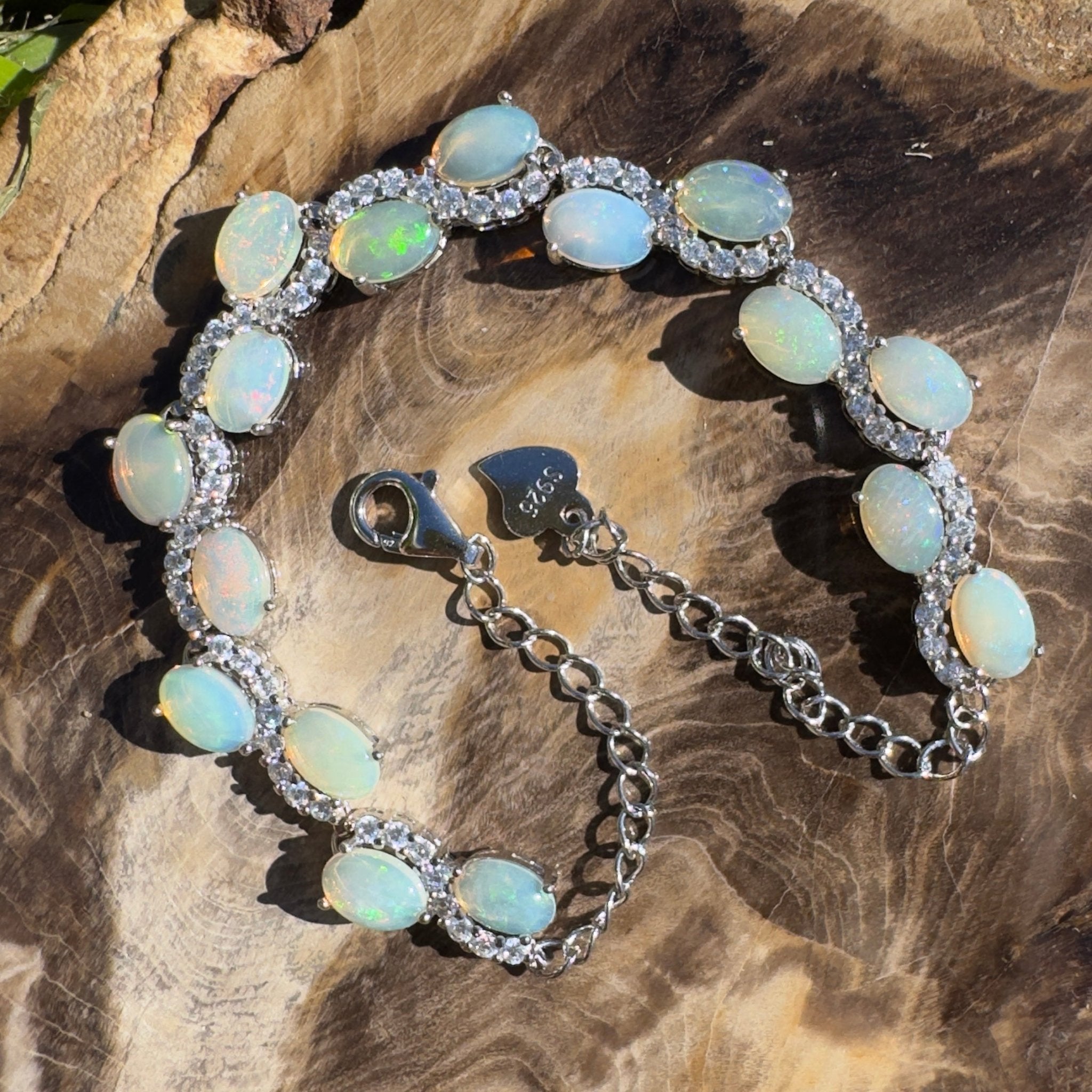 Whitsunday Light Drift ~ 4.8ct Coober Pedy Opal and Cubic Zirconia 925 Sterling Silver Bracelet