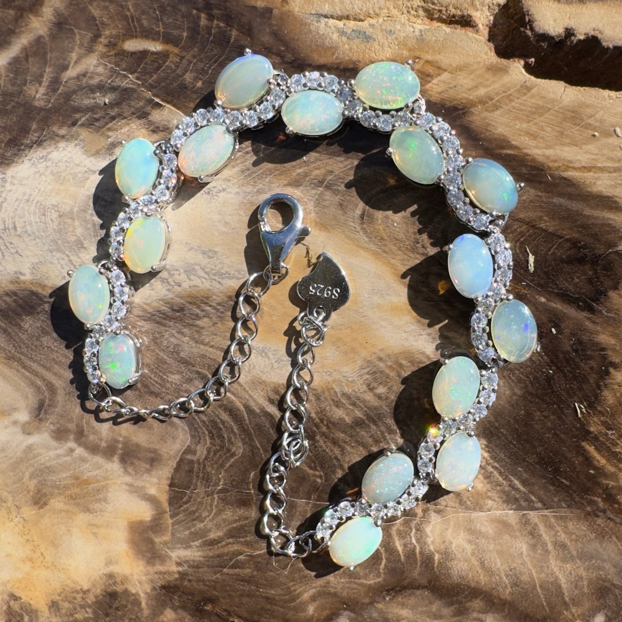 Whitsunday Light Drift ~ 4.8ct Coober Pedy Opal and Cubic Zirconia 925 Sterling Silver Bracelet