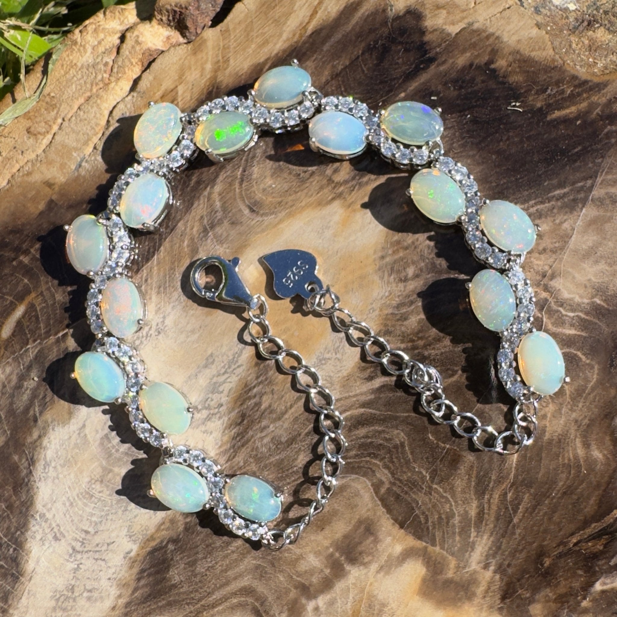Whitsunday Light Drift ~ 4.8ct Coober Pedy Opal and Cubic Zirconia 925 Sterling Silver Bracelet