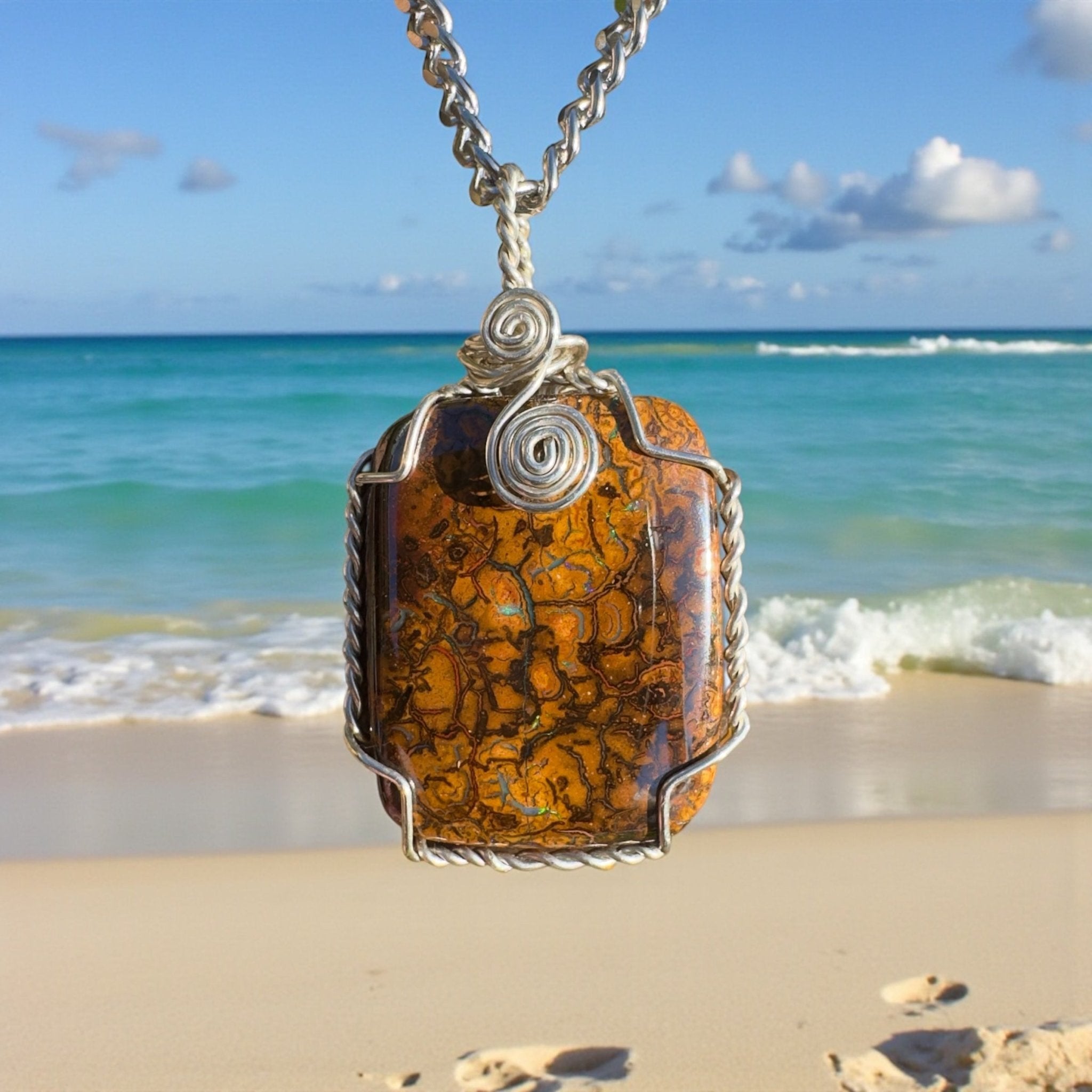 Whitsunday Reef Drift ~ Queensland Boulder Opal 925 Sterling Silver Pendant Necklace