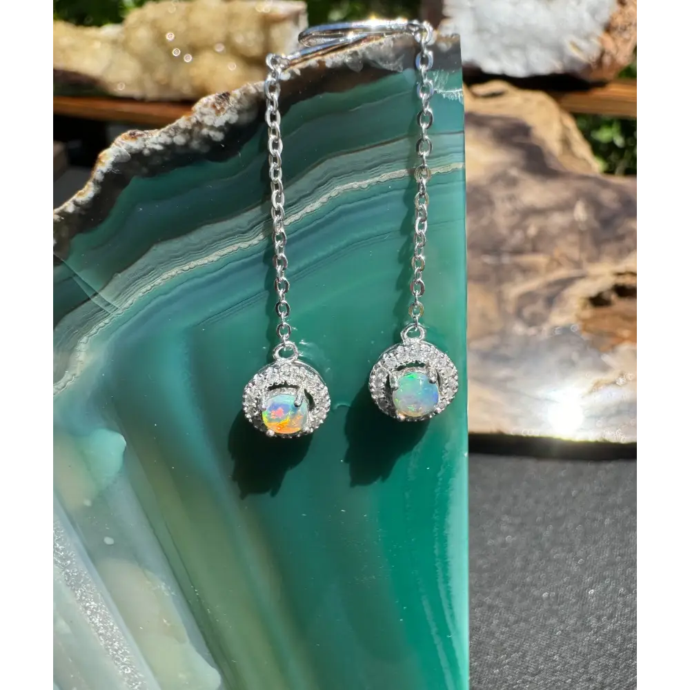 Silver chain opal earrings with 0.7ct Lightning Ridge Opal and cubic zirconia inclusion