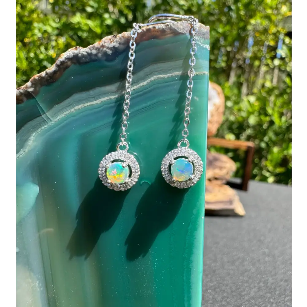 Silver chain earrings with opal halo from Whitsunday Sparkle featuring Lightning Ridge Opal