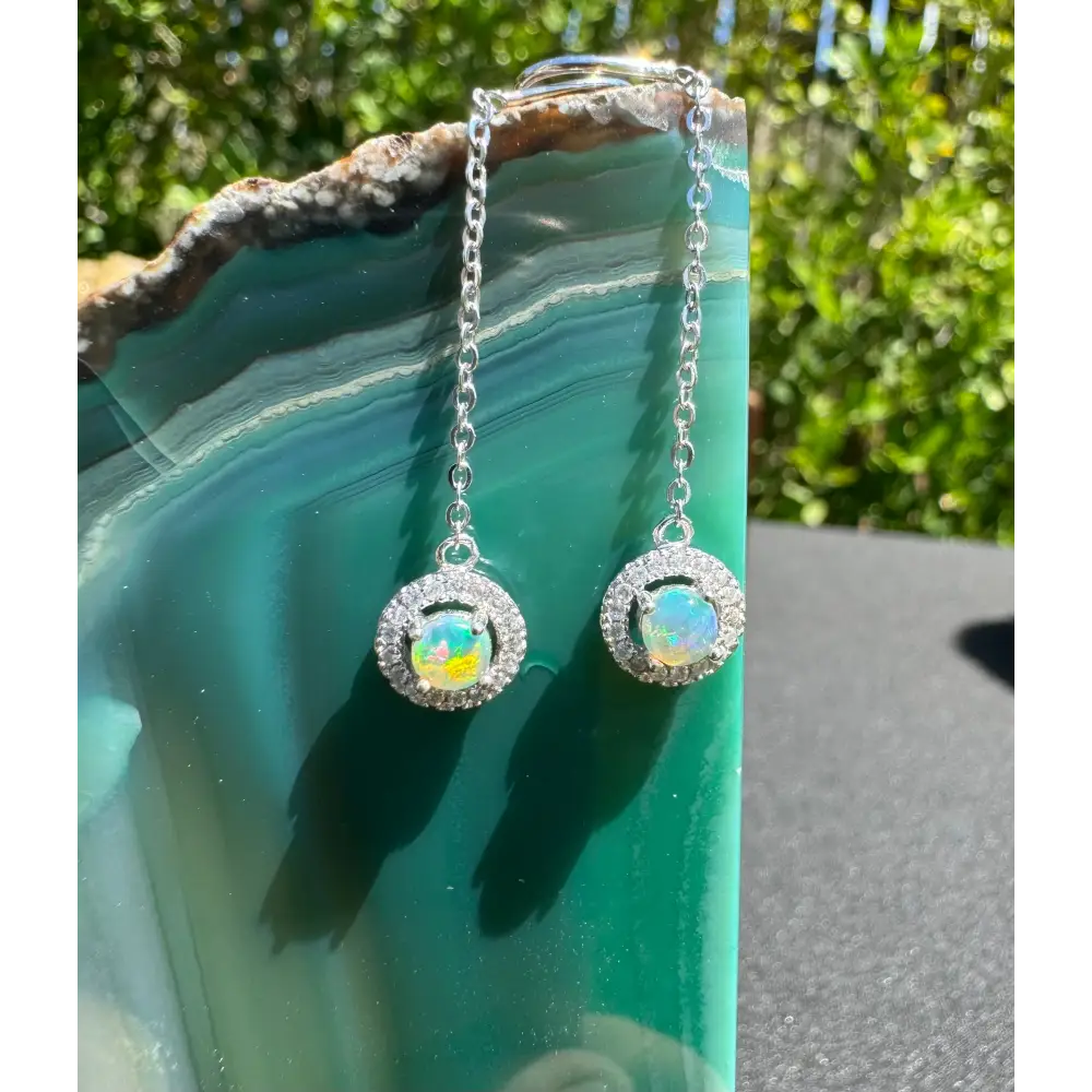Silver opal drop earrings with 0.7ct Lightning Ridge Opal and Cubic Zirconia in Whitsunday Sparkle collection