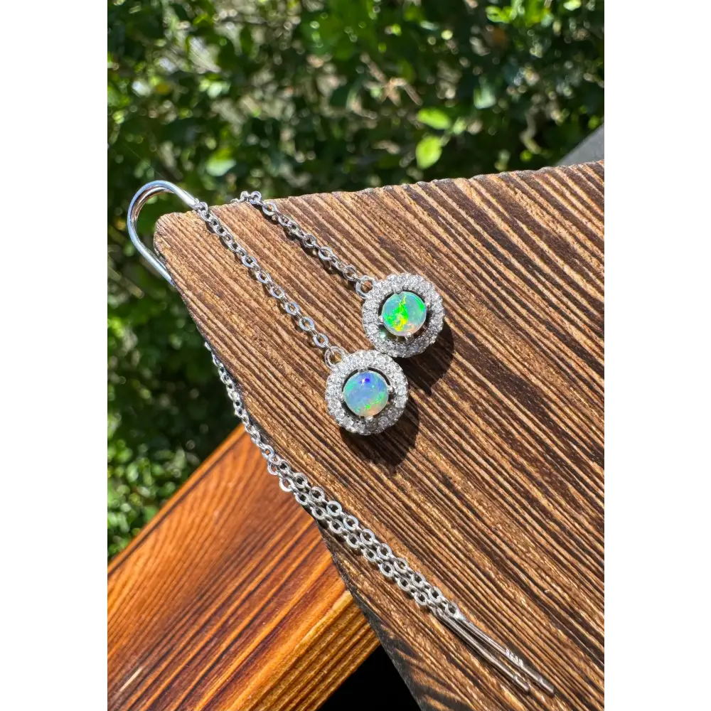 Silver opal drop earrings with handcrafted lightning ridge opal and cubic zirconia gemstones