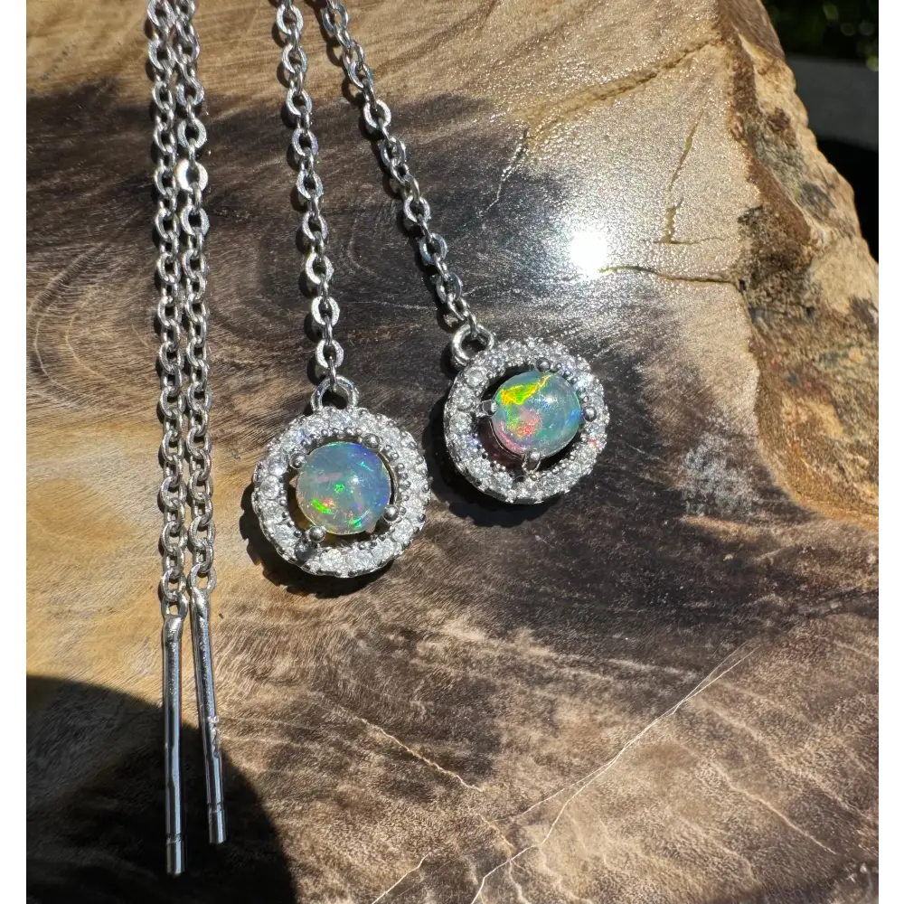 Opal and diamond halo earrings from Whitsunday Sparkle handcrafted with Lightning Ridge Opal