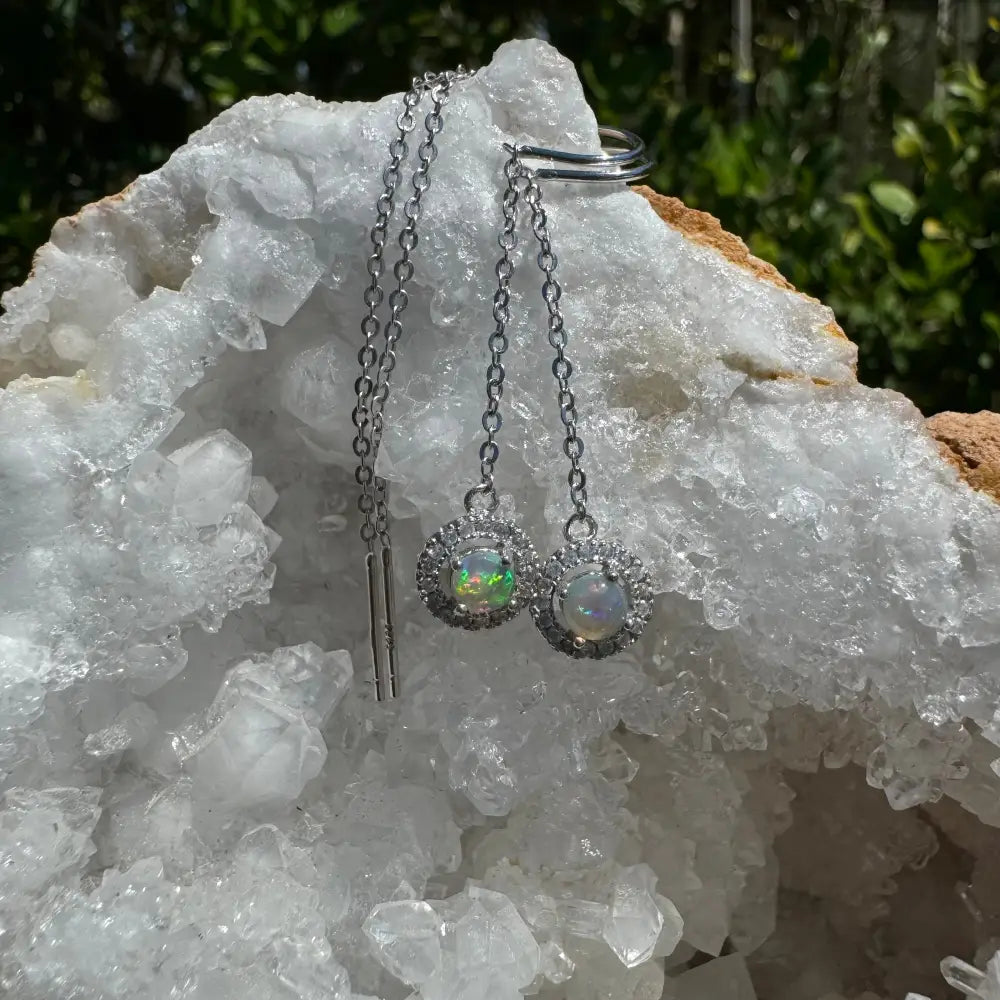 Silver chain earrings with 0.7ct Lightning Ridge Opal and cubic zirconia from Whitsunday Sparkle
